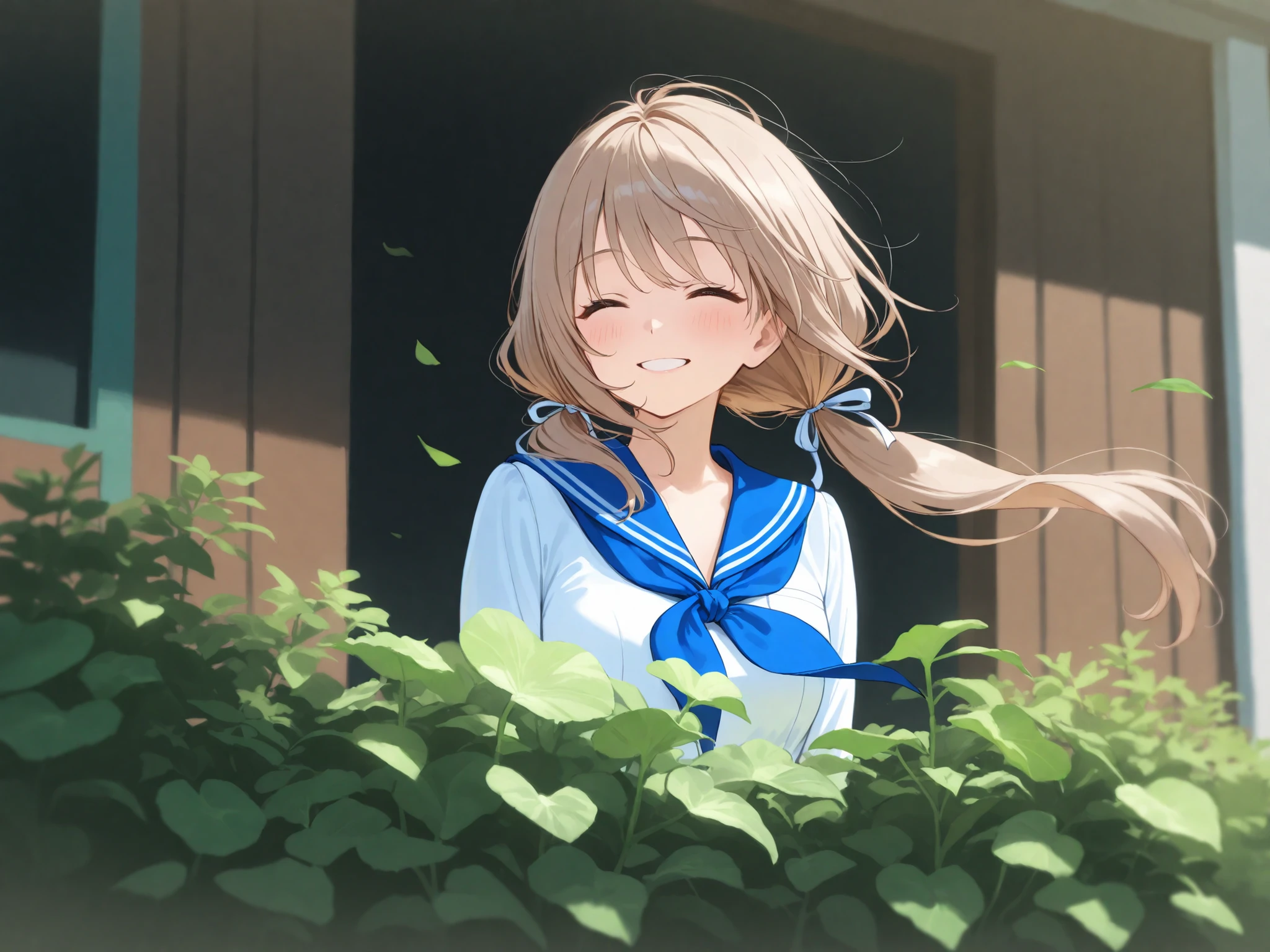 high school girl, Sailor Suit, twin tails, smile,   Fresh greenery,  wind,