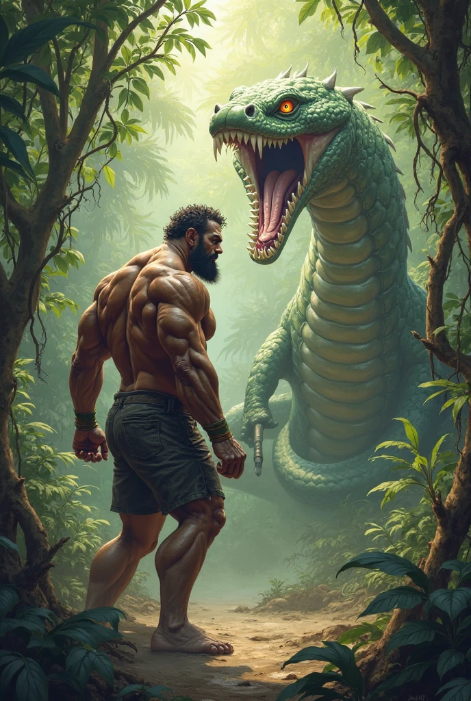 A very fat black man punches a fat crocodile in a rainforest.