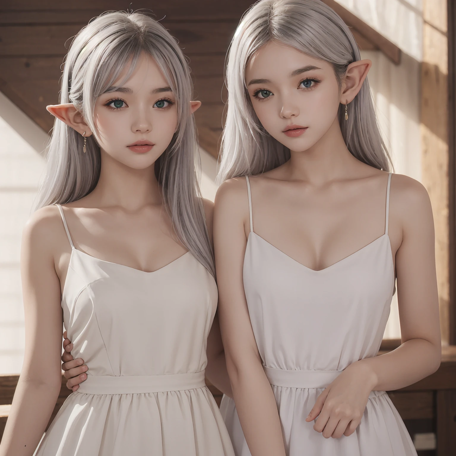 ((elf long ears、white hair、National costume、dark prison、dungeon、basement of the mansion、torture chamber))((white hair、turn your arms behind your back、寄り添うtwo girls1.5))((super long hairー、scared、troubled expression、twin tails、female bratエルフ二人、Gothic Lolita、night、深night、stockings、All nude、always wears panties))Gothic Lolita、female brat、ナマイキ14 years old、(In 8K、Raw photo、highest quality、High resolution、real、masterpiece:1.2)、Definition RAW color photo、professional photos((lure、twin tails、starving、Two people cuddling))(real、realな:1.37)、cinematic light、very detailed、32k Wallpapers、highest quality、Super detailed、muste piece、realistic、 Photorealsitic((two girls))((glowing skin、show your chest、slender body))、14 years old、((show your chest))small breasts、chest on cutting board((red lipstick))super long hair((choker、earrings、smile))Viewer's perspective、(極度にsmall breasts:1.5)Draw the fingers of the hand carefully、