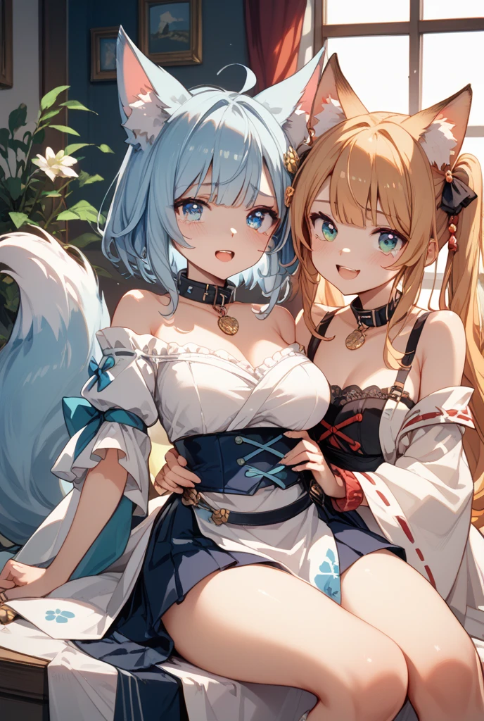 (2girls:1.4), (two girls yuri: 1.1), (height_difference:1.5), cute dress with frills, cleavage, modern, catgirl, pink or purple hair, :3, cute hair, (blonde hair or brown hair), serafuku, hugging, very detailed, (height_difference:1.5), very detailed, beautiful, professionally drawn, (huge breasts), (cleavage sweat), (anime drawing:1.1), sketch, (anime:1.1), (very cute anime girl), (bright), (low contrast), collarbone, (>:D:1.2), (laughing:1.2), (prettiest age girl), (mature face: 1.4), (hugging:1.2), (tall girl with big breasts: 1.2), (erect nipples:1.2)