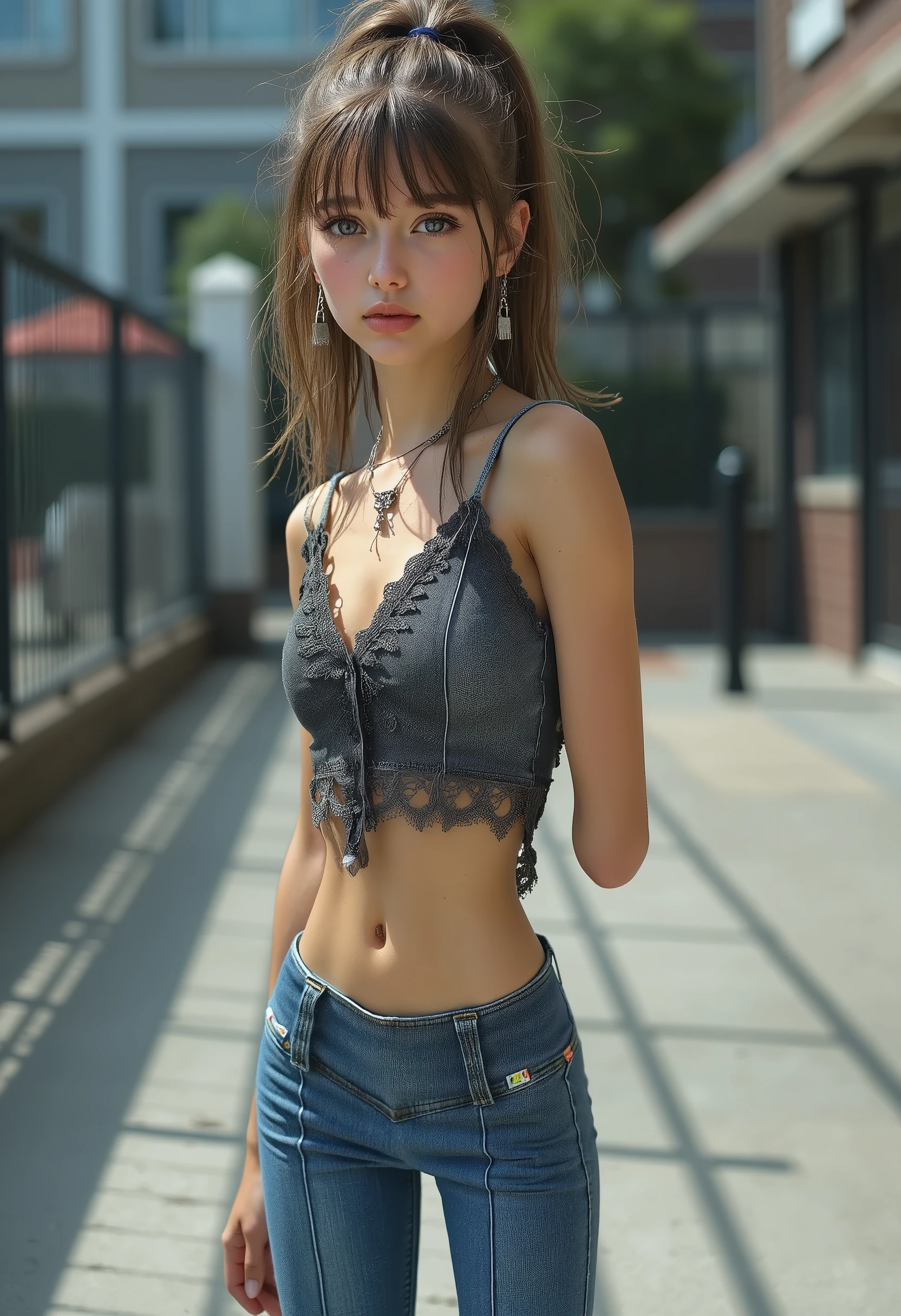 photograph, full body shot, fully body visible, masterpiece, best quality, ultra high resolution, 8k, highly detailed, low angle view, dynamic lighting, daylight at noon, in a schoolyard, 1girl, european, german, standing, posing sexy, young, youthful, slim body, adorable, cute face, brown ponytail hair with bangs, wearing tight jeans, m60nixies, wearing intricate cute tank-top, converse sneakers