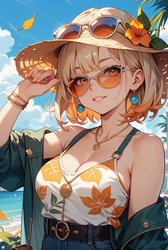 1girl, smiling face, slim figure, green eyes, sharp eyes, small breasts, leaning forward, facing viewer, dress, wide-brimmed hat, sandals with straps, oversized sunglasses, simple hoop earrings, shell necklace, off-shoulder clothes, off-shoulder top, shy, very short blonde hair, ^ ^, nature, peace, beach, serene space
