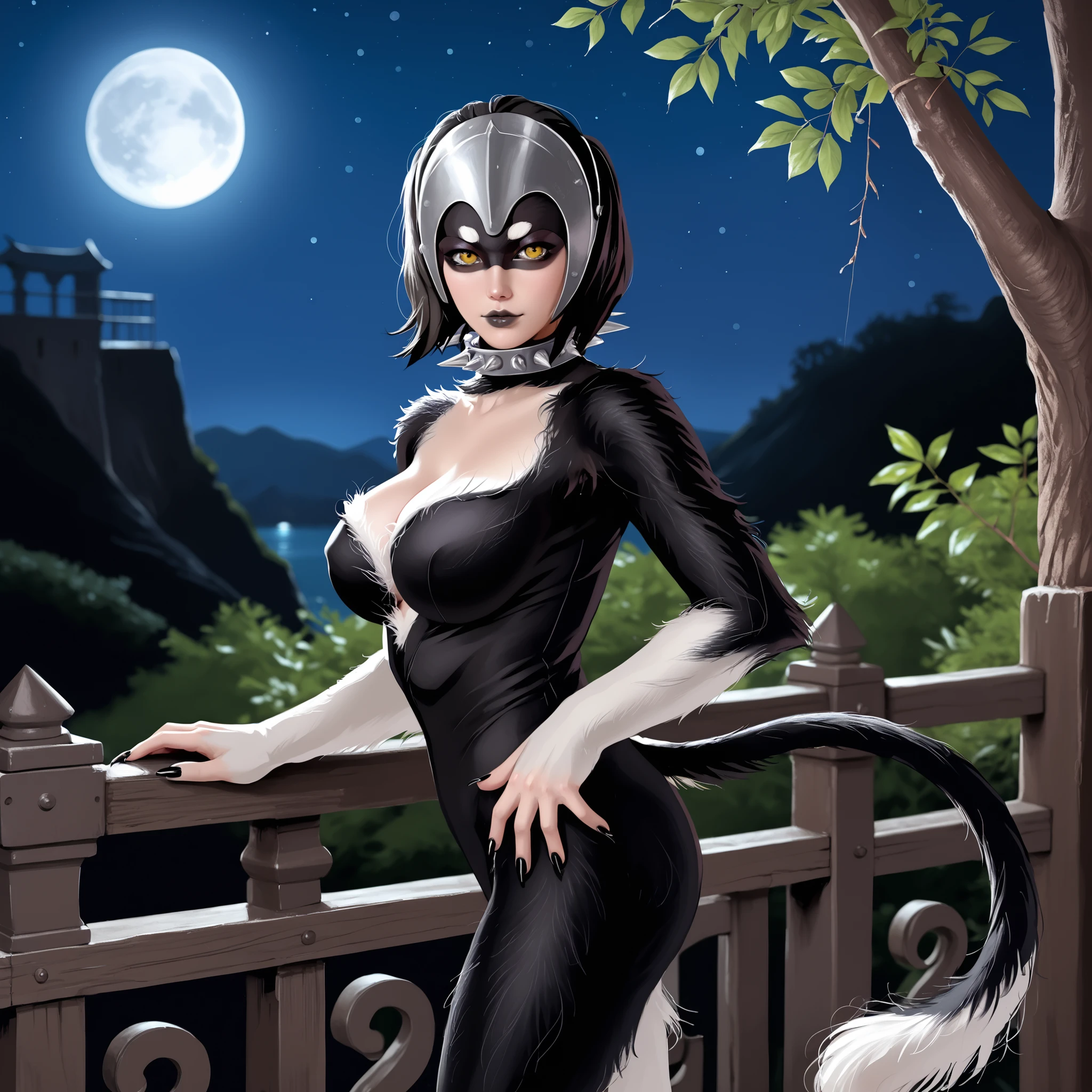 score_9, Dormarth, yellow eyes, furry female, voluptuous and sensual body, big breasts, big ass, claws, black fur, white fur, tail, monster girl, short hair, black hair, nail polish, black lips, white eyebrows, two-tone fur, body fur, spiked collar, helmet, legs, hill, night, full moon, trees, sexy pose, fury expression, realistic, high quality, detailed