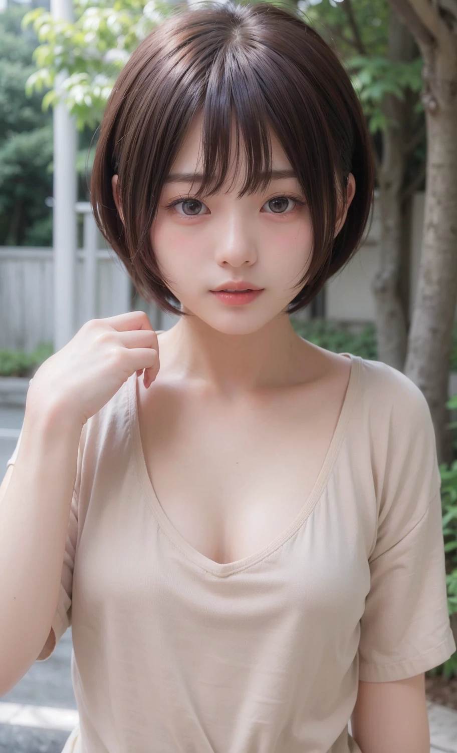 of the highest quality, masutepiece, Ultra high definition, (Real: 1.4), Original photo, (Evening Street), 1 girl, Black eyes, gaze at the audience, Short hair, Light makeup, Lips, small ears, White T-shirt, White panties, earrings, Sitting Ferrari,, slim, neat, Park
