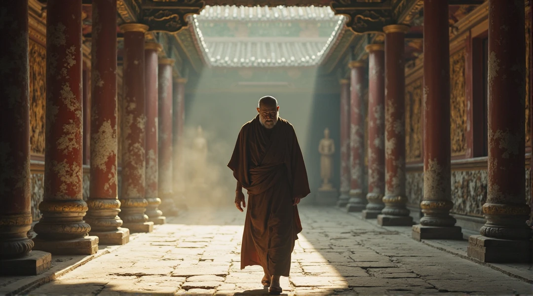 Photograph, serene monk in traditional Chinese attire, bald head, gray robe, standing in a dimly lit temple, contemplative expression, side profile of a person with long dark hair, soft golden light, ancient architectural elements in the background, warm and contemplative mood, muted colors, historical ambiance.