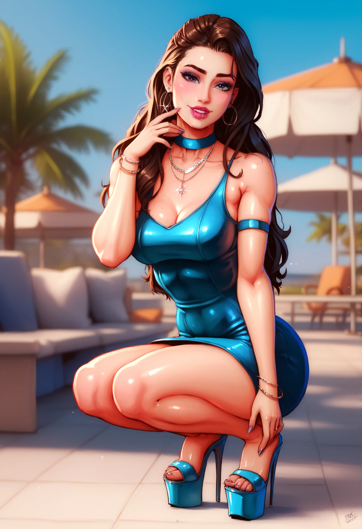 Skyhigh Wedge platform heels, tight dress, high balance, sexy petite body, brunette, natural light, hyperrealistic, HDR, 8K, best quality, high resolution, seducing men squatting with a balanced and composed posture 8inch platform wedgeheels. Close up well lit