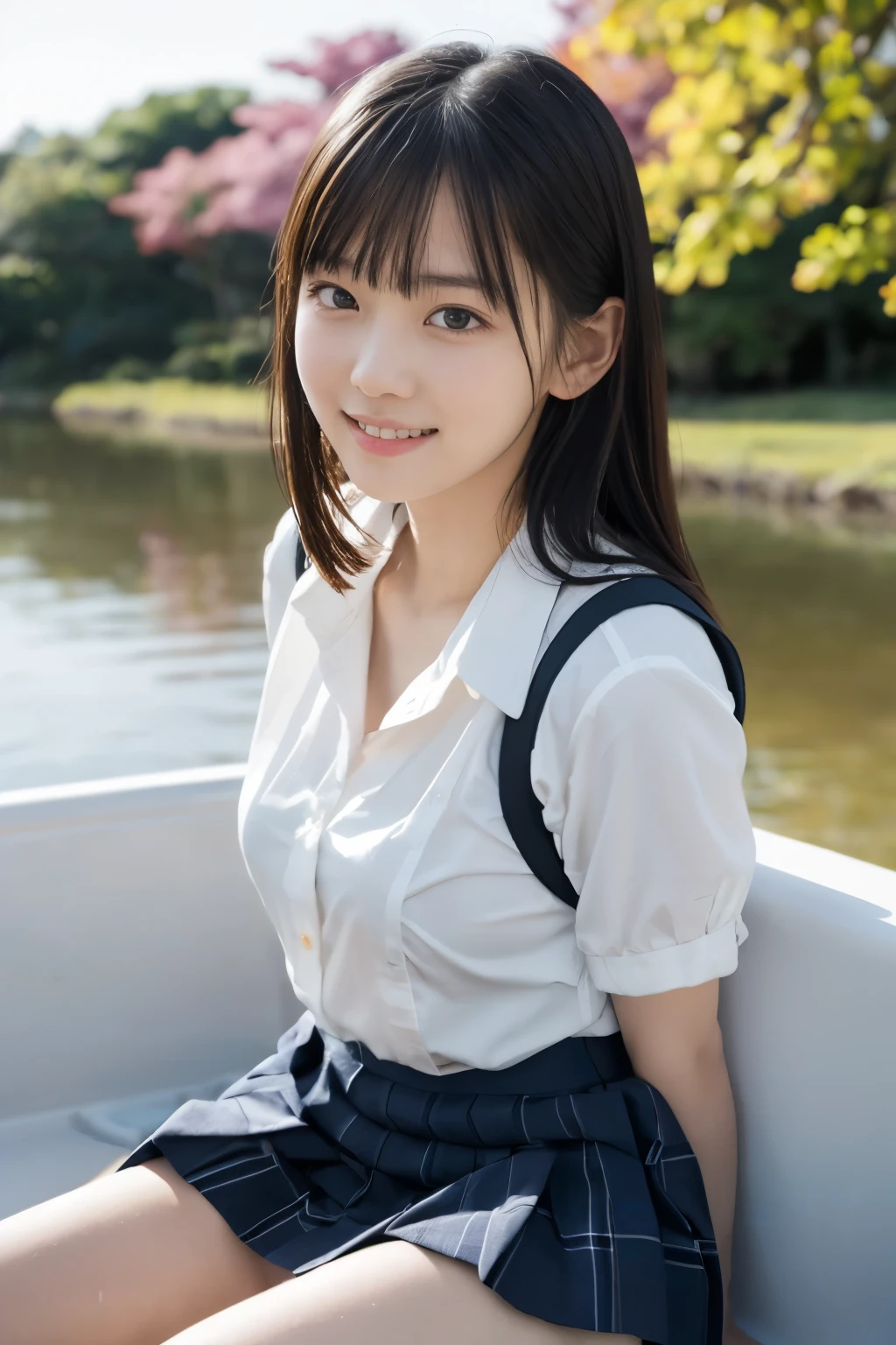 masterpiece, highest quality, 8K, (17old idol face girl:1.3) , RAW photo,award-winning portraits, alone, noon, idol face, delicate face, Digital single-lens reflex camera, looking at the viewer, (shy smile:1.3),,(flushed cheeks:1.2)、thin arms, small breasts, nipples, small ass、thin waist、Frank, Sophisticated, like々New, thin arms, professional lighting, film grain, black eyes, chromatic aberration, (detailed eyes and face:1.0), (Bokeh:1.1),(hyper pretty face:1.3),(black straight hair, bangs, short cut:1.3),(school student uniform, white blouse, checked pleated skirt:1.3),(loosely white panties, polyester:1.3), looking at the viewer, angle from front, on the boat at the 井の頭公園,(lie on your back:1.3),(spread the regs and your knees up:1.2),桜,soft light,