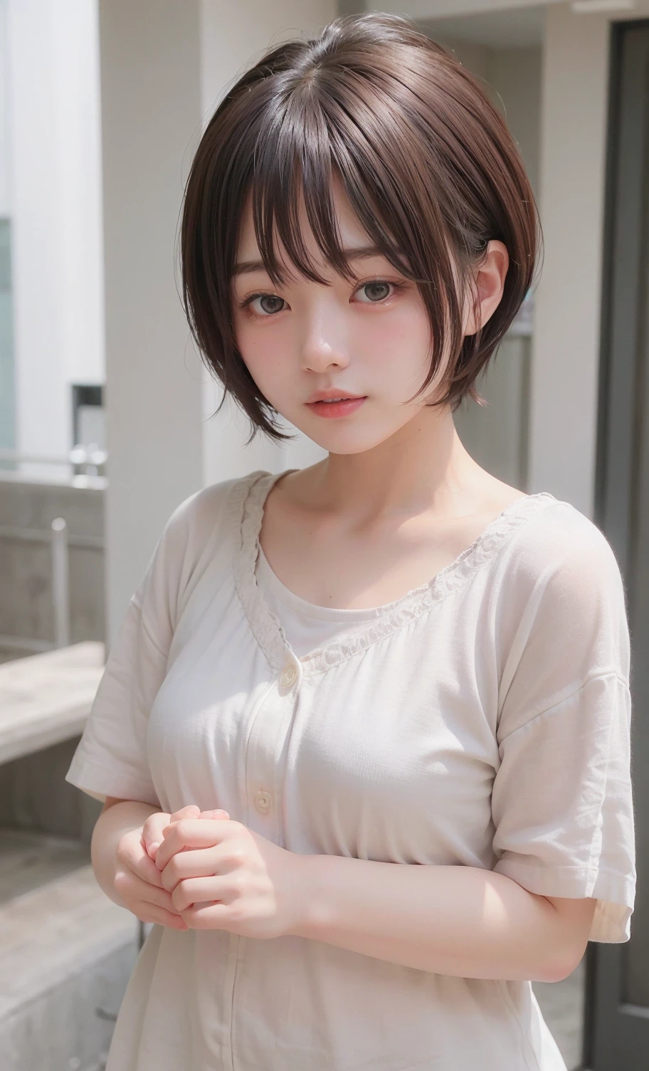 ((sfw: 1.4)), detailed face, cute face,brown eye, , extra short hair, sidelocks-hair, master piece , best quality, matured woman face , squatting , blouse , japanese , room , indoor