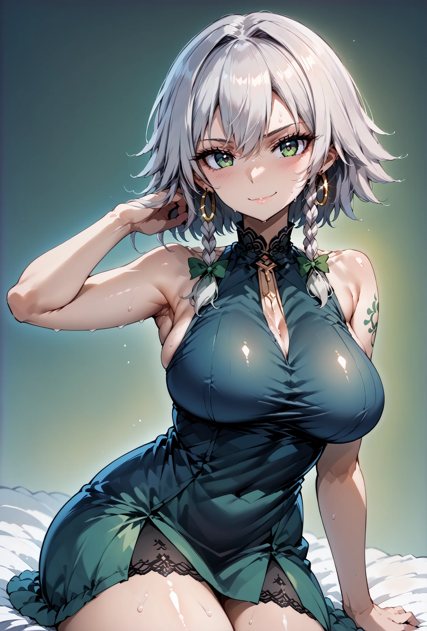 score_9, score_8_up, score_7_up, source_anime, 4K,perfect fingers,(perfect hands, perfect anatomy),prefect lighting, very aesthetic, intricate details,highly detailed background, masterpiece, high quality, best quality,
1girl,solo, izayoi_sakuya,silver hair, twin_braids ,((Large Breast:1.5)),
wearing ((tattoos, gold hoop earrings, tattoos, combed to the side, gothic mini dress, Sleeveless, bare shoulders, )) ,,
Sexy pose, looking at viewer, ((expressionless: 1.3)), seductive anime girl, ((seductive smile:1.4)), erotic, only sexy woman, Large firm swaying bust, blush, Sweat,Embarrassed, sexy, acing straight at viewer, (((in heat))), ((Oily_skin)), ((Lots of sweat)), ((dutch angle)), ((erotic pose)), (((Dynamic Pose))), (sit),