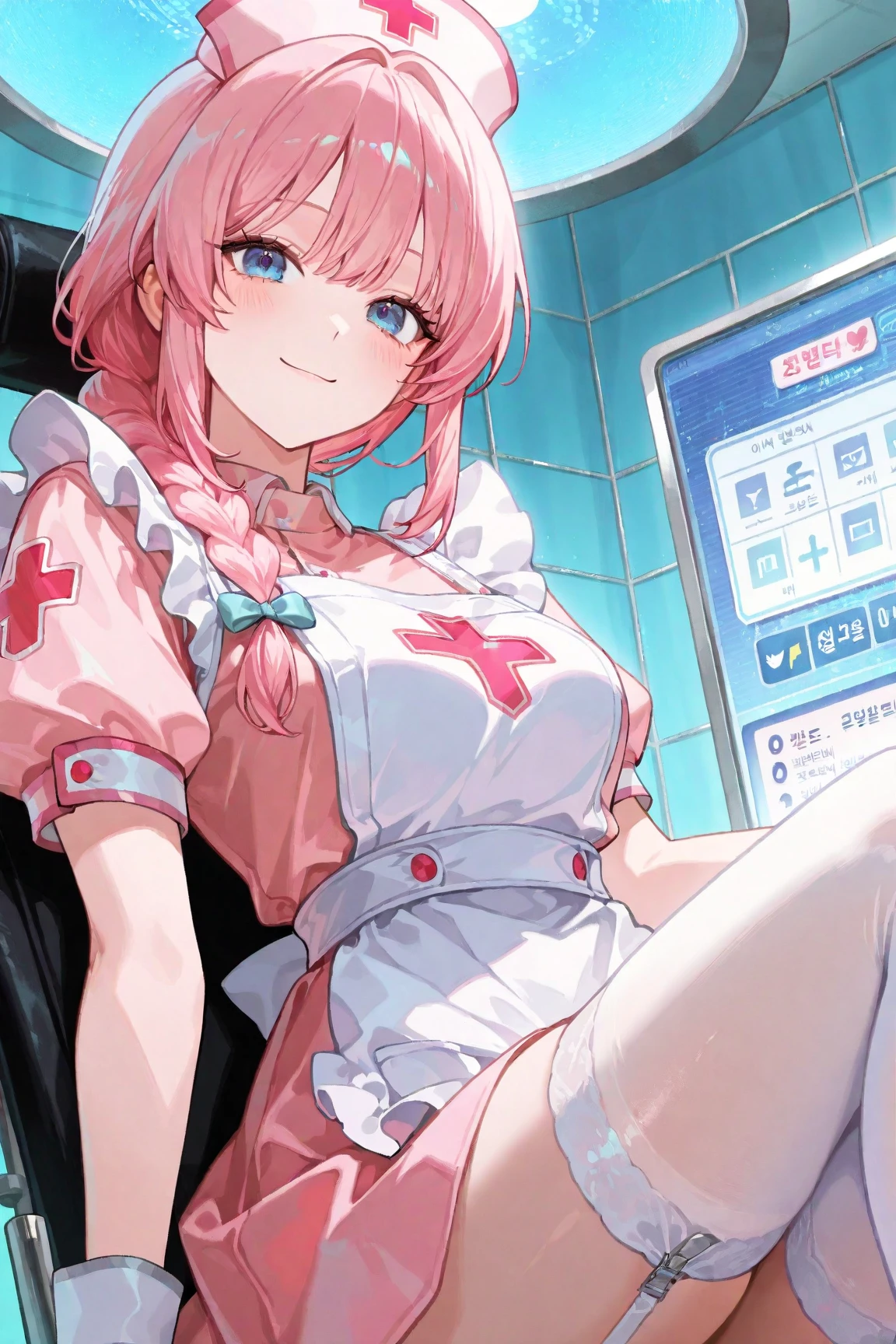 cartoon of a woman in a Nurse outfit sitting on a bed, Nurse girl, an alien robot naughty Nurse, surgeon, Nurse, (((Full breasts)))(((Cleavage)))Cartoon art style, Anime art style, doctor, Medical suture vapor wave, Cartoon art style, Candy Ward, medical doctor, High-quality fanart, Nursing, Anime Barbie wearing white stockings, Clean art style, High quality anime art style