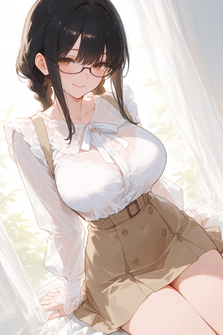Masterpiece, highest quality, high resolution, extreme detail, 1 woman, 18 year old female with dark skin bent over a table, chest on table, dark skin, large breasts, dark lips, eye liner, blushing cheeks, long black hair in 2 very large pony tails, khaki gingham skirt, lace panties, white thigh high stockings, (suspenders:1.5), glasses, seductive look, looking at camera, 3/4 long shot, cowboy shot, greenhouse, flowers, next to large windows, stained glass windows,