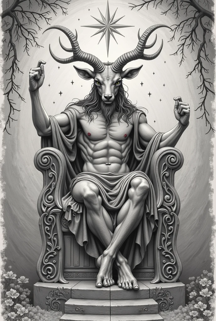 Baphomet sitting on his throne in hell with bloodied ground