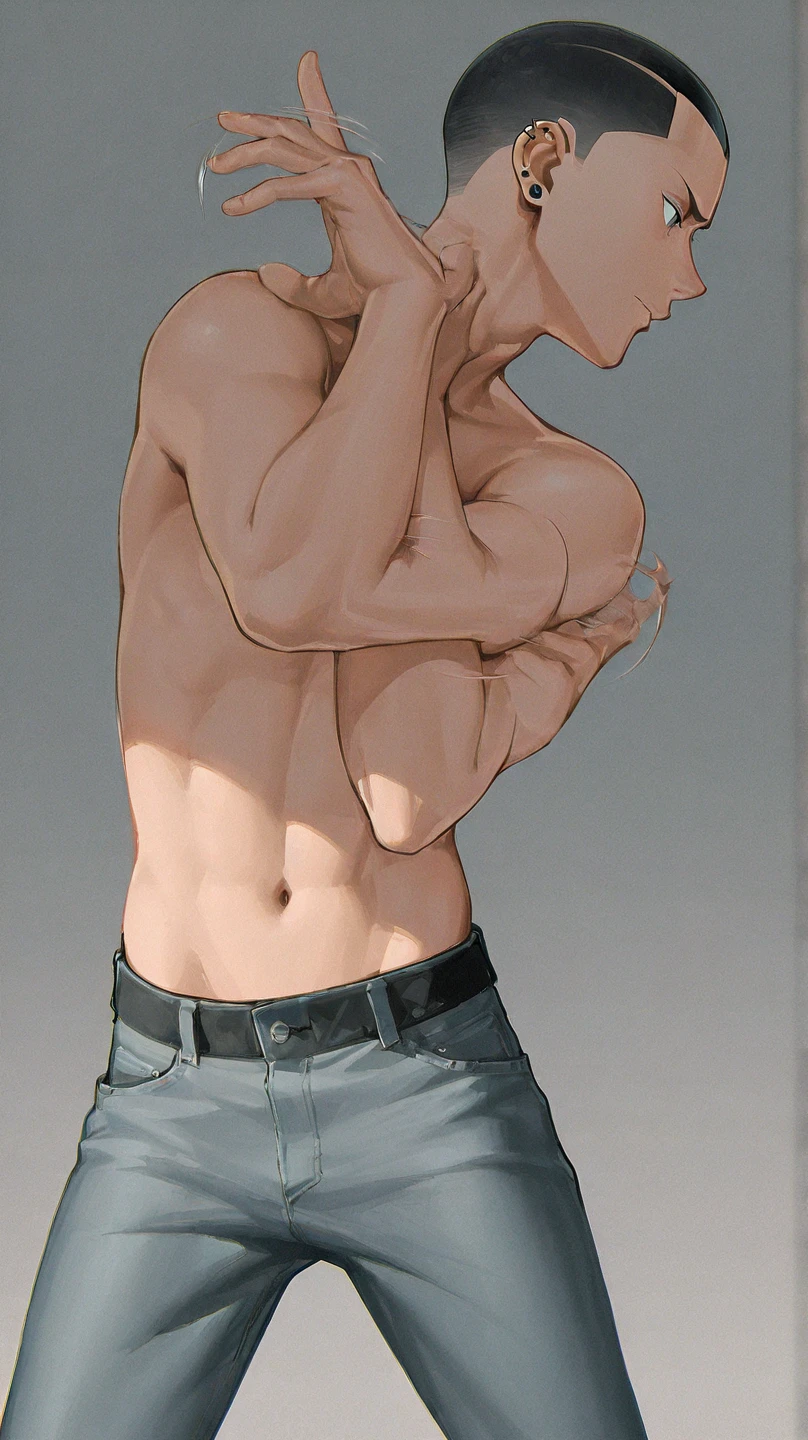 guy, sexy, abs, breasts, gray, head out of frame, belly button, nipples, nude, solo
