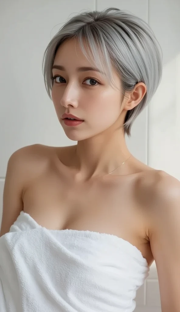 high quality、High definition、Wet Hair、Short Hair、Beautiful woman with no clothes、Beautiful white-haired Japanese girl with her legs spread、Topless G-cup 、Sweating on the face、slim、Rocky area at night、Sexy look、