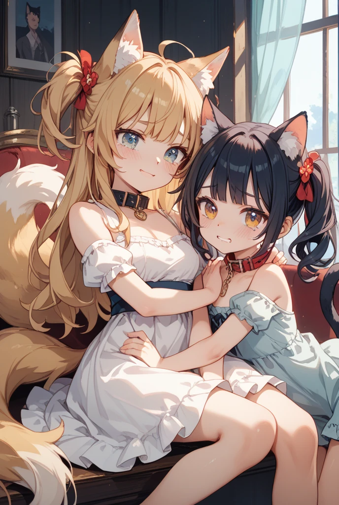 (tmasterpiece, Best quality at best, A high resolution), 1 girl, Alone, Oversized fox tail,Green-eyed,(Brown hair long_Side French brmall floral headdress, (27years old,Busty wife)_ Number_F Cup,modernn architecture, 摩洛解放阵线, At home,My 6 year old daughter sits on my wife,Wife's motherly smile,