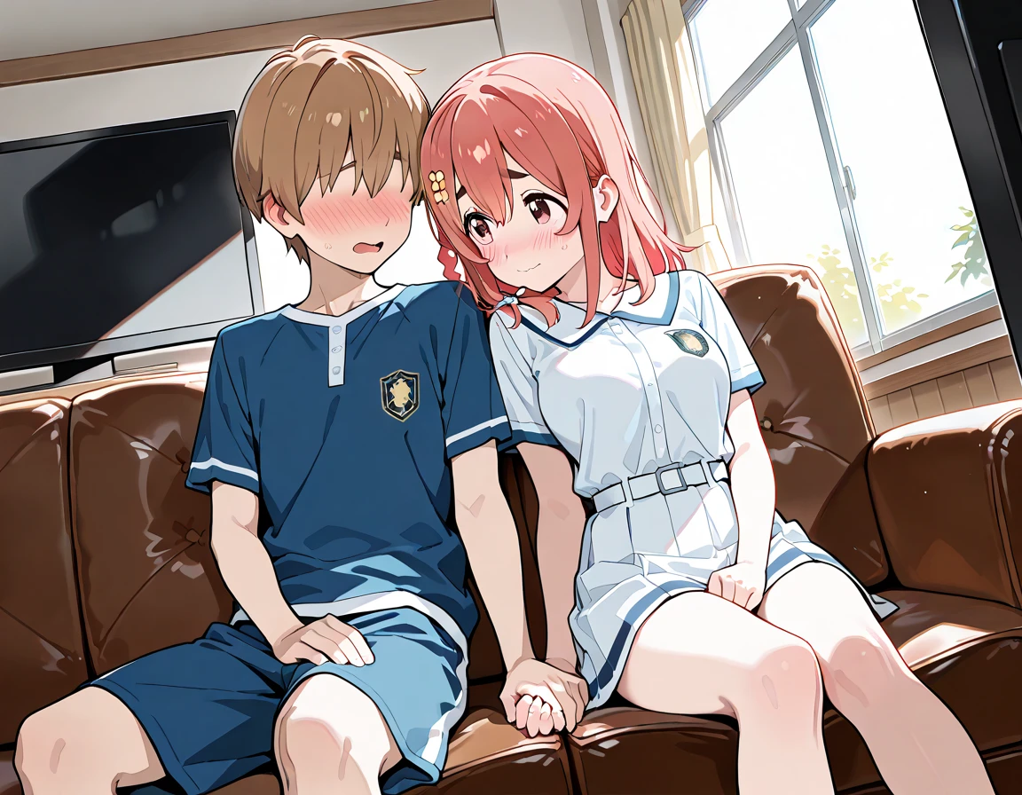 indoors, living room 1boy, 1girl, couple, side-by-side ADDCOMM 1boy, <lora:Senpai_2021_LOCON:0.6>, senpaica2021, blue eyes, orange hair, short hair, embarrassed, open mouth, shirt, blush, sweat, (nose blush:1.2), breast pocket, arms behind back, collared shirt ADDCOL 1girl, <lora:yorumacv2-lora-nochekaiser:0.6>, yoru mac, bangs, black eyes, short hair, orange hair, blunt bangs, bob cut, bright pupils, 1girl, breasts, large breasts, (looking at another:1.2), smirk, yellow dress