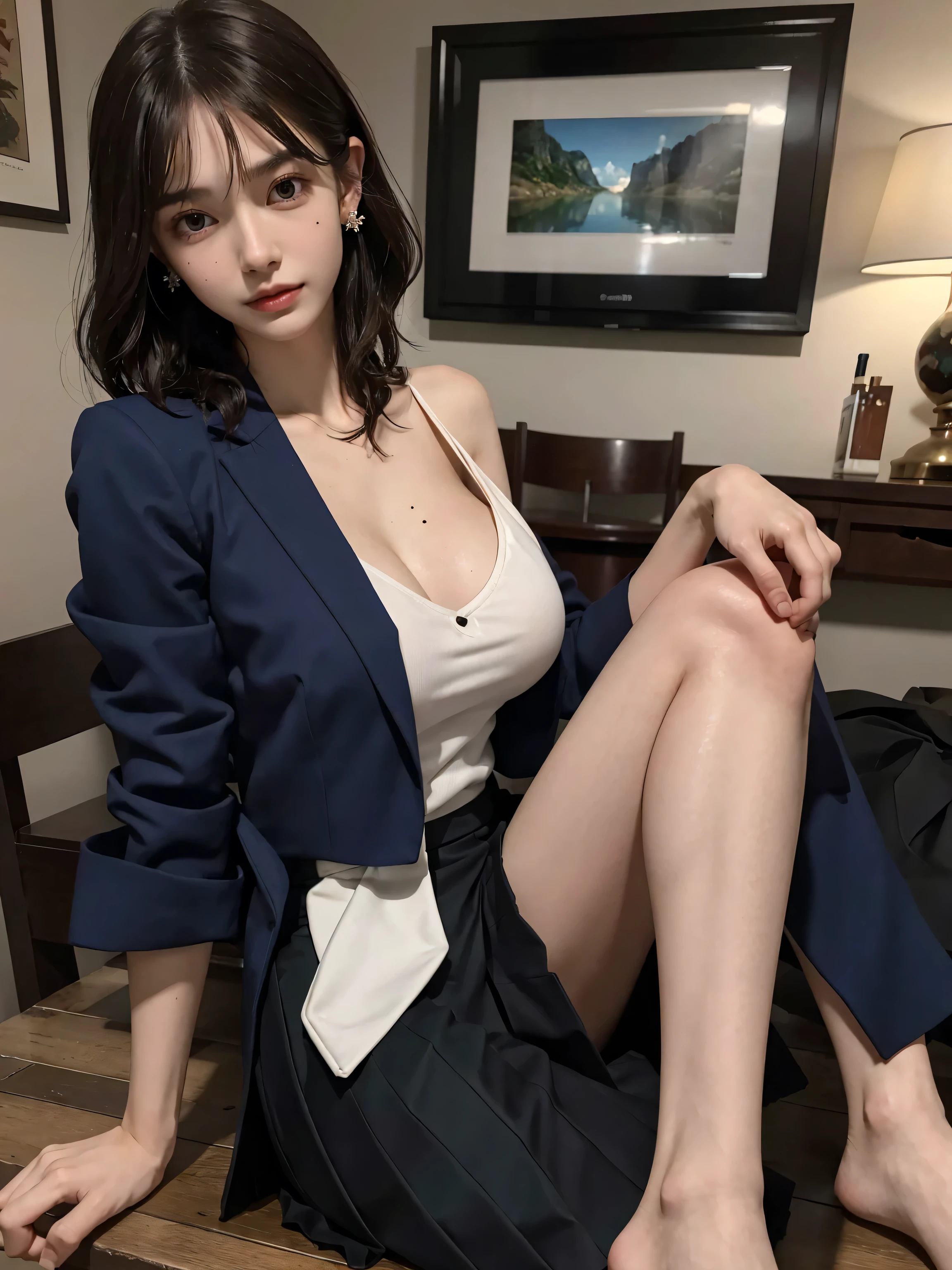 (フォトreal)、(Ultra-high realism)、(The Ultra-High Definition Eyes)、(Ultra high fine mesh)、(increase contrast)、(increase saturation)、 (14 year old girl、small face、Extremely beautiful face, natural makeup)(fair skin)(sparkling eyes) beautiful woman with perfect figure、cute face、、(lifelike face)、short bob、hair behind ears、realな目、natural makeup、beautiful details、(Lifelike skin)、beautiful skin、Charm、Super - high quality、超real、real、Very fine、、bangs)、(outer、white thick short coat)(inner、denim dress、mini length)knee high boots、Cute Idol of Japan、tartan check、) brown hair、(stylish luxury hotel、hole)(standing position)、beautiful cleavage、beautiful breasts、thin waist、big butt、thin thighs、spread legs、full body shot、Bold and exciting pose、