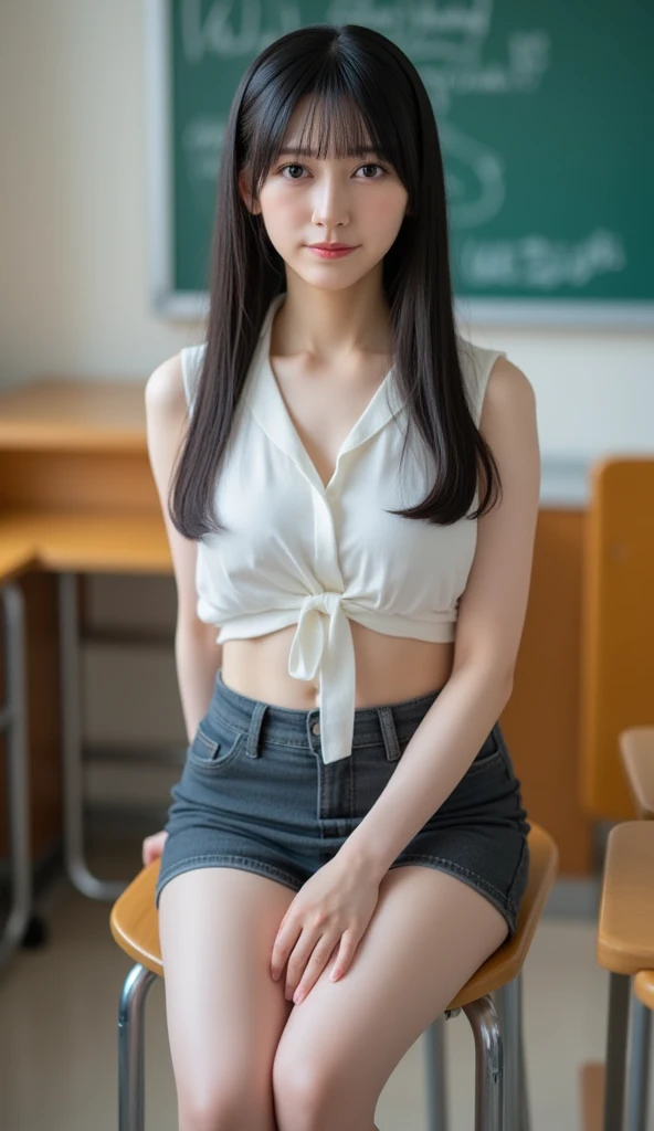 nsfw,Japanese 、17 years old、Japanese 、Checkered pleated mini skirt、The belly button is visible、White shirt with front opening、smile、Twin tails、Hair Ribbon、Cat ear、Cowboy Shot、Hands behind head、School Music Class、Students、