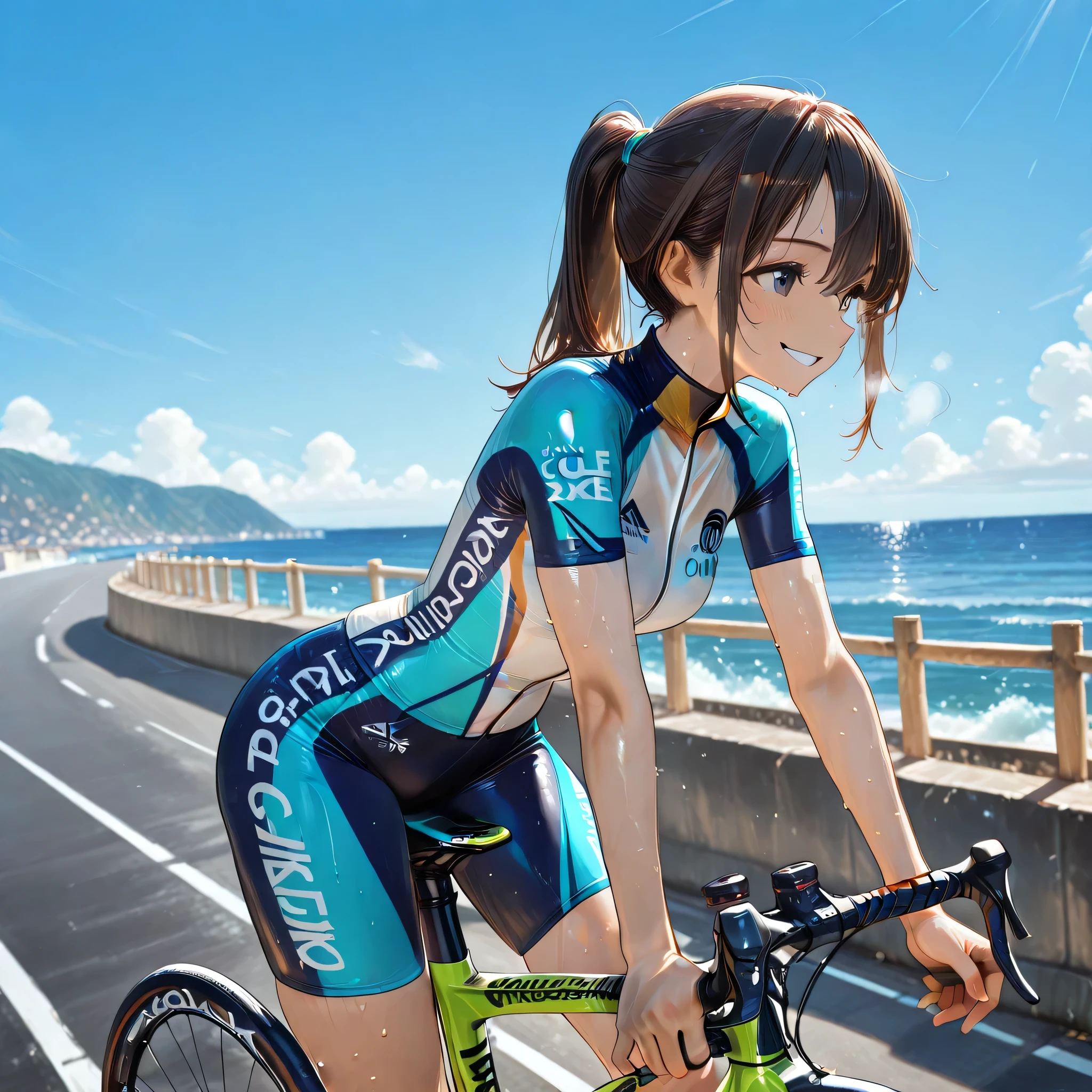 Road bike,ponytail,smile,Sprint,sweat,cycle wear, Gold,female,chest,blue sky,sea,