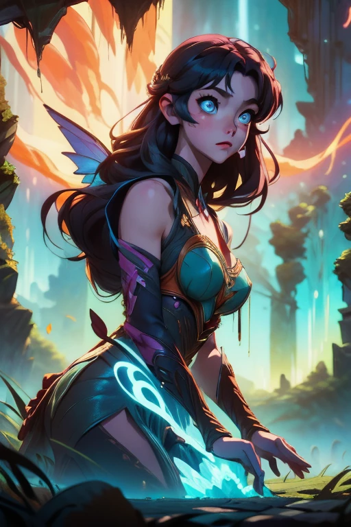 `extremely detailed illustration of gorgeous maiden, backlit, highly illuminated, colorful crystals, rocks, bog garden, closeup, visually rich, raytraced, manga, whimsical, JRPG, enchanting, emotionally evocative, detailed environment, fantastical, imaginative, visually rich, atmospheric, zoomed, flat lighting, 2d, cartoon, vector, rocks, lente ojo de pez