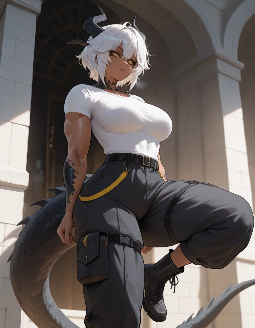 (solo:1.1),(masterpiece), (best quality:1.3), highly detailed, intricate, professional art, digital art, absurdres, confidant, emerald sustrai, futanari emerald sustrai wearing a white and green leotard with arm gloves and pants confidently in a club, (pants:1.6), 1girl, solo, (dark skin:1.5), green hair, bob hair, gold hoop earrings, gold jewellery, ab lines,(gold navel piercing:1.1), detailed stomach, red eye colour, dark skin, average breasts, (aroused:1.2), (futanari:1.1), (wide hips:1.4), (makeup 1:1), beestung lips, (black lipstick:1.3), large penis, panty straps riding hips, (crotch bulge:1.4), crotch bulge, large testicles , furniture, fontal view, universal lighting