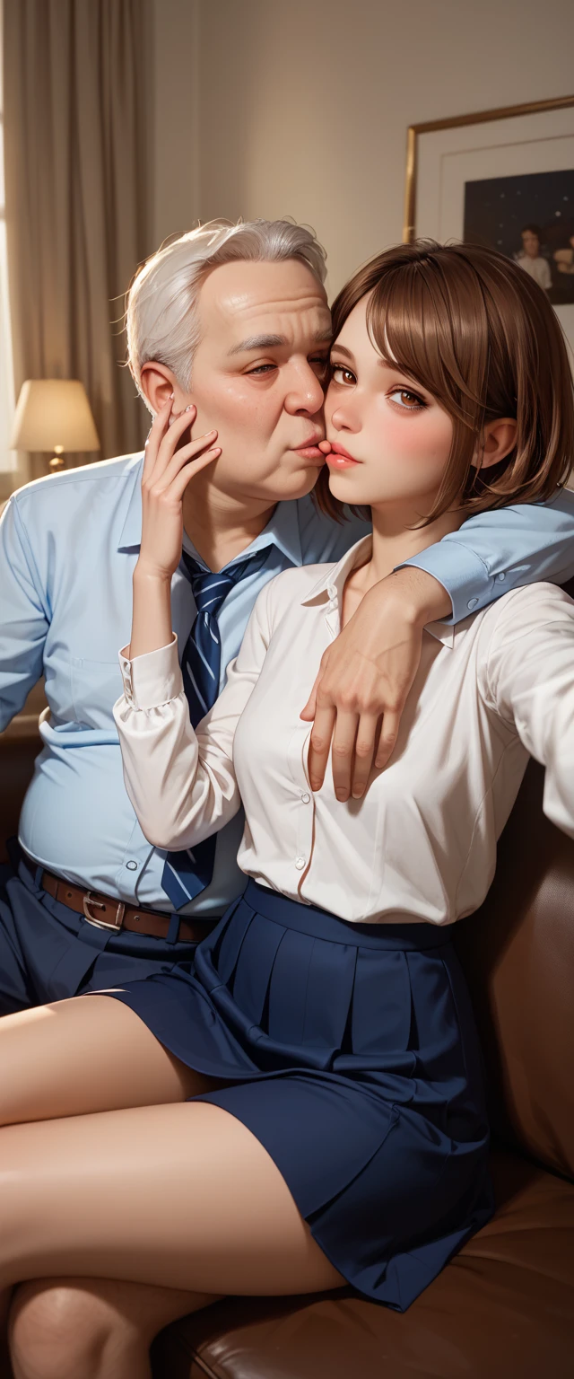 (High resolution),4K,(Realistic), (Ukrainian beauty),((ultra-thin eyebrows:1.2)),(RAW photo), Highest quality, Masterpiece, ((20 year old beautiful slim woman and Japanese old man: 1.3)), (((Japanese old man hugging a beautiful woman tightly and grinning: 1.2))), Beautiful Facial expression,((A woman blushing with embarrassment:1.2)),  sexy race bra,slim and curvy woman,(ultra-thin brown pantyhose), 20-year-old woman, (Photo real), Hilton Hotel interior, rim lighting, (oily body), anatomically correct hands, (High detail skin: 1.2), (eye focus), character focus, 8K UHD, DSLR, high quality, high resolution, 4K, 8K, bokeh, absurdity, best ratio 4 fingers and 1 thumb, ( Realistic), ((Beautiful woman wearing business office lady suit)), (small breasts),  business office lady slit skirt, (old man touching woman's breast), ((anatomically correct nipples), ( (skirt flipping)),(An old man tries to deep kiss a beautiful woman and a woman hates being kissed),