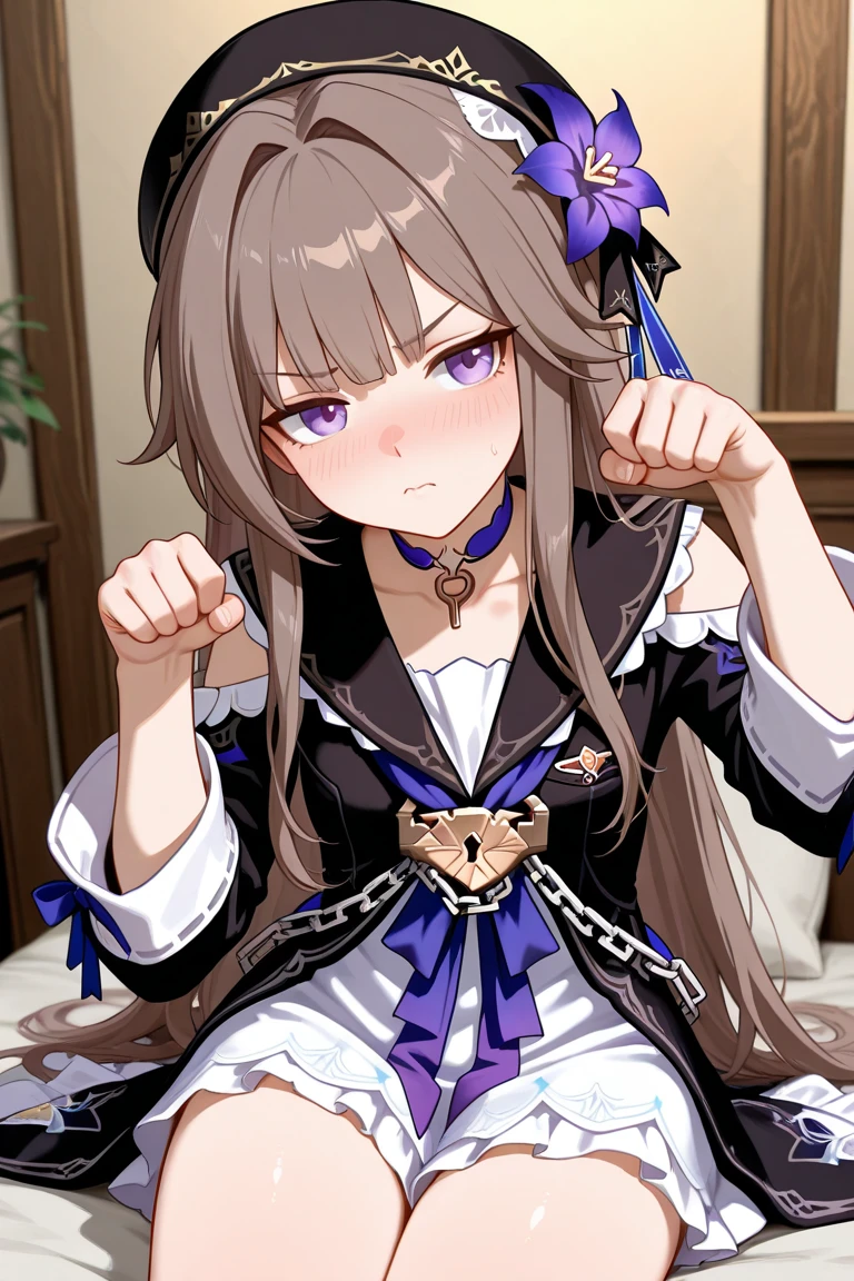 aaherta, long hair, grey hair, hair flower, beret, black headwear, joints, choker, key, sailor collar, shoulder cutout, white dress, detached sleeves, herta, star rail herta, madam herta, star rail, arms up, absolute cinema meme, arms, front, front body