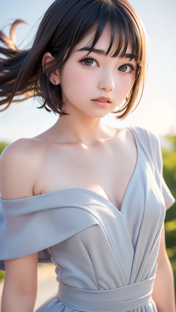 ((Shot from the front of the body))、watching the future、From the front of the body、masutepiece, Best quality, 8K, standing on your feet、short-hair、32years old, ((Big Mimi、extremely large bosom))、((largeeyes))、 ((Gray background))、the soft light、RAW photo, absurderes, Smile, Solo, Daytime, Idol face, ((Delicate girl)), Body, Digital SLR, ((view the viewer)), candid, Sophisticated, Thin arms, the soft light、Professional lighting, filmgrain, color difference, (Rich eye and face detail:1.5), (Bokeh:1.1)，Bare lower body，Bare breasts，Bare genitalia，nakeness，Transparent Hanfu