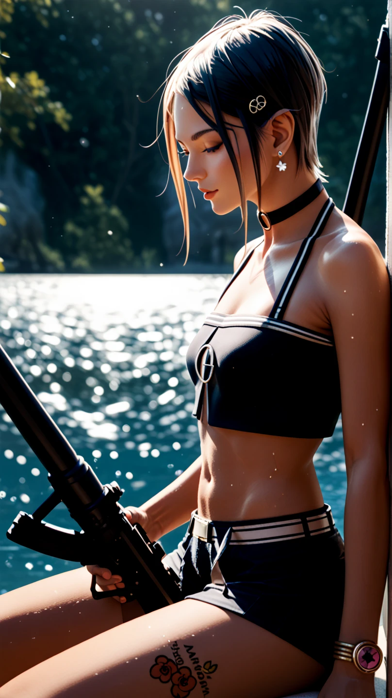 ((cinematic light, photorrealistic, best qualityer, 8K, work of art: 1.3)), Selfie, whole body, 1womanl, beauty with slim abdomen: 1.4, (chestnut hair, A glass: 1.1), Wet Bikini and Pure Skin: 1.2, Face ultra detailed, detailedeyes, Double eyelids, part of the genitals visible, cyber punk, night vision, kangaroo, fishing, Beerus