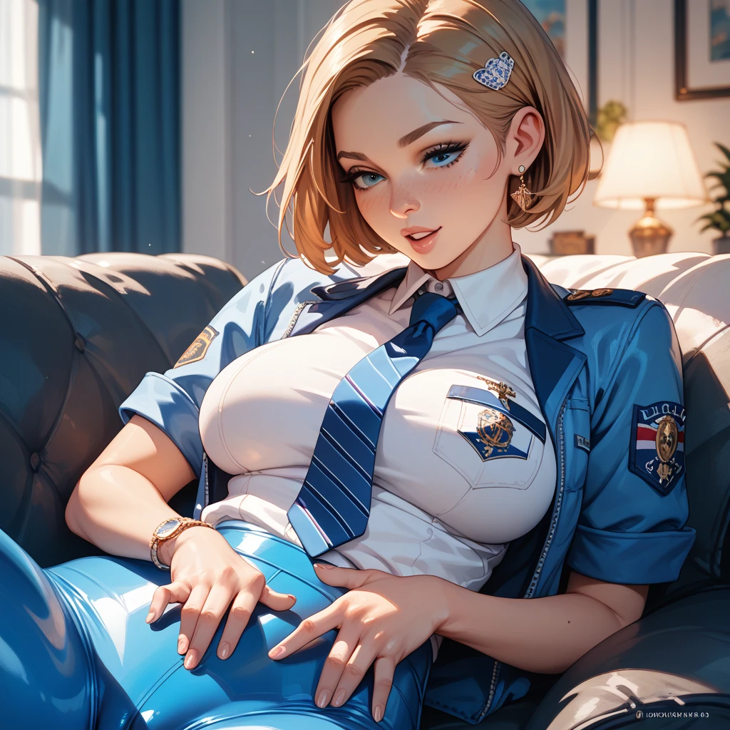 (masterpiece), best quality, expressive eyes, cum on tongue, short hair, blush, shocked, huge breasts, short hair, sailor moon Uranus, blond, sweat, full height, standing spread legs, no bra, no panties, open pussy, showing ass, view from below, anal sex, slim girl, long blue socks, slave collar