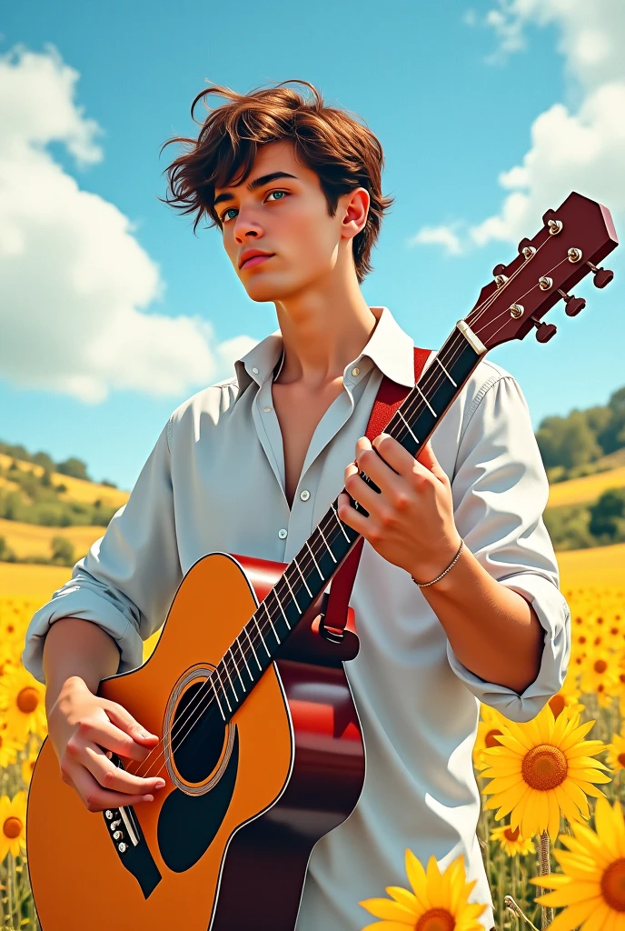 1 man, muscular body, 18 years old, wearing no shirt, half body naked, and blue jeans, vibrant and energetic, playing guitar passionately, surrounded by a lush green garden with colorful flowers in bloom. (best quality,4k,8k,highres,masterpiece:1.2), ultra-detailed, (realistic,photorealistic,photo-realistic:1.37) medium, bokeh, portraits, vivid and warm color palette, sunset lighting.