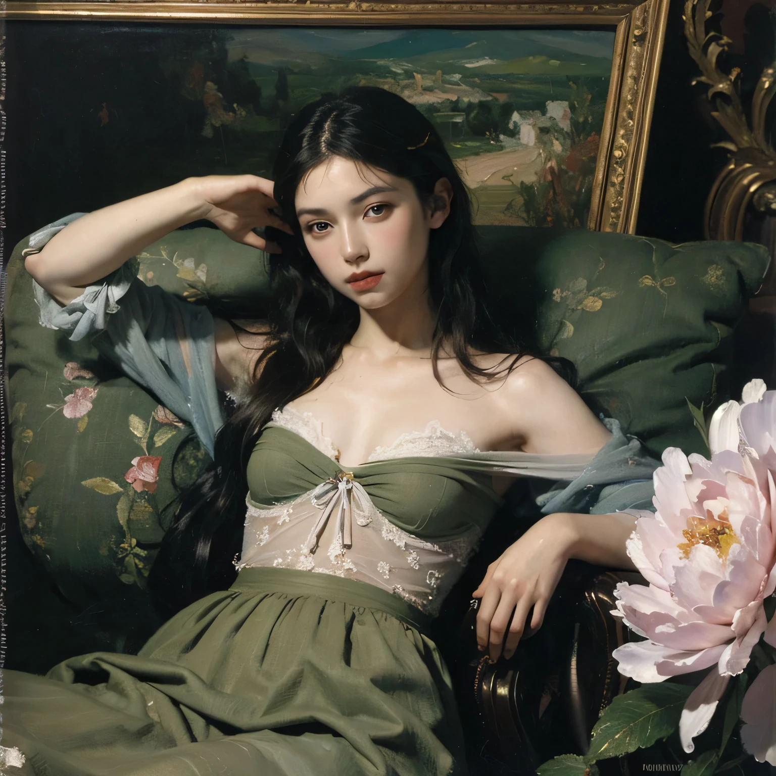(oil painting:1.5), \\ a woman with (long curtly hair ), ((green eyes)) is lie on the ground in veil, peony, (amy sol:0.248), yellow, with skirt,(stanley artgerm lau:0.106), (a detailed painting:0.353), (gothic art:0.106)

