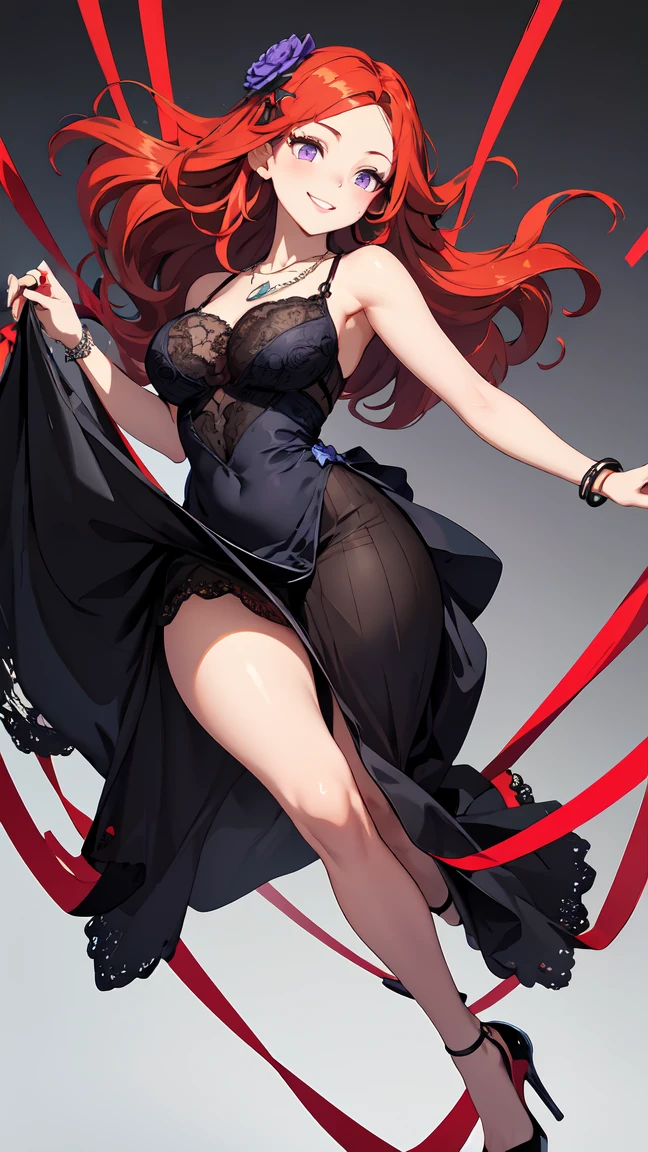 dynamic pose, 1woman, ((one green eye and one blue eye)), long hair, casual clothes, cleavage, expresive, sharp focus, cute symmetrical eyes,  medium breasts,  curly hair, ((white to orange hair)),  ((masterpiece)), ((best quality)), ((highly detailed)),  (((full body shot))), realistic proportion, realistic, (((white background))),  (colorful:1.4), skinny, --auto