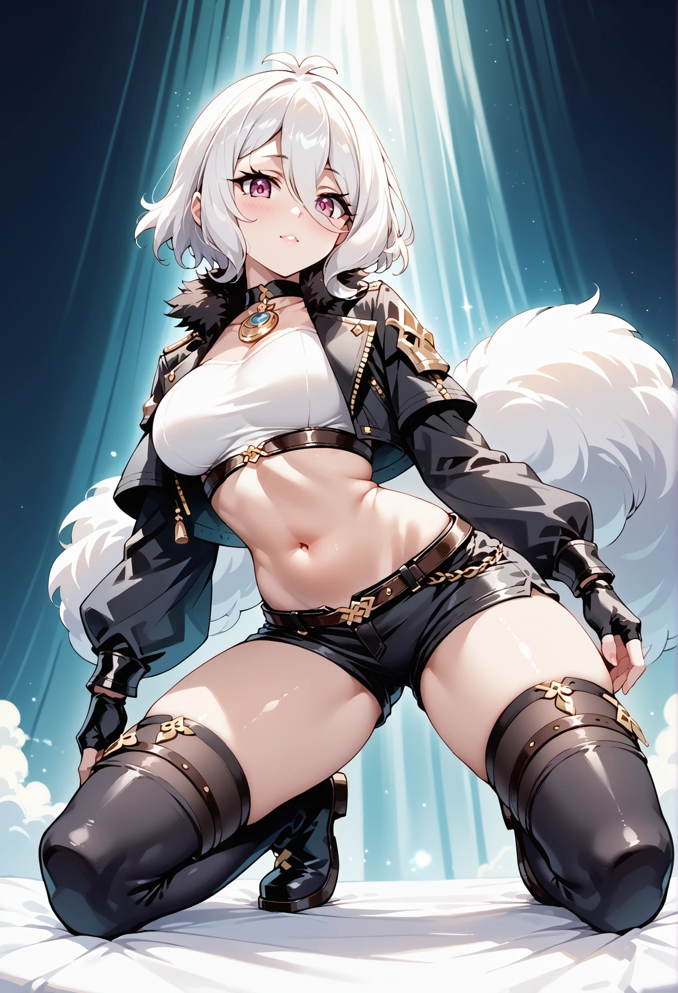 score_9, score_8_up, score_7_up, source_anime, 4K,perfect fingers,(perfect hands, perfect anatomy),prefect lighting, very aesthetic, intricate details,highly detailed background, masterpiece, high quality, best quality, high resolution,
1 girl,solo,Kokkoro_(Princess_Connect!), White Hair, large breast,,
wearing ((choker, crop top, fur trim, black jacket, cropped jacket, midriff, navel, black gloves, fingerless gloves, black shorts, short shorts, thigh strap, fishnet socks, boots, black footwear, )) ,,
loving me, on all fours,in bed, from back below,