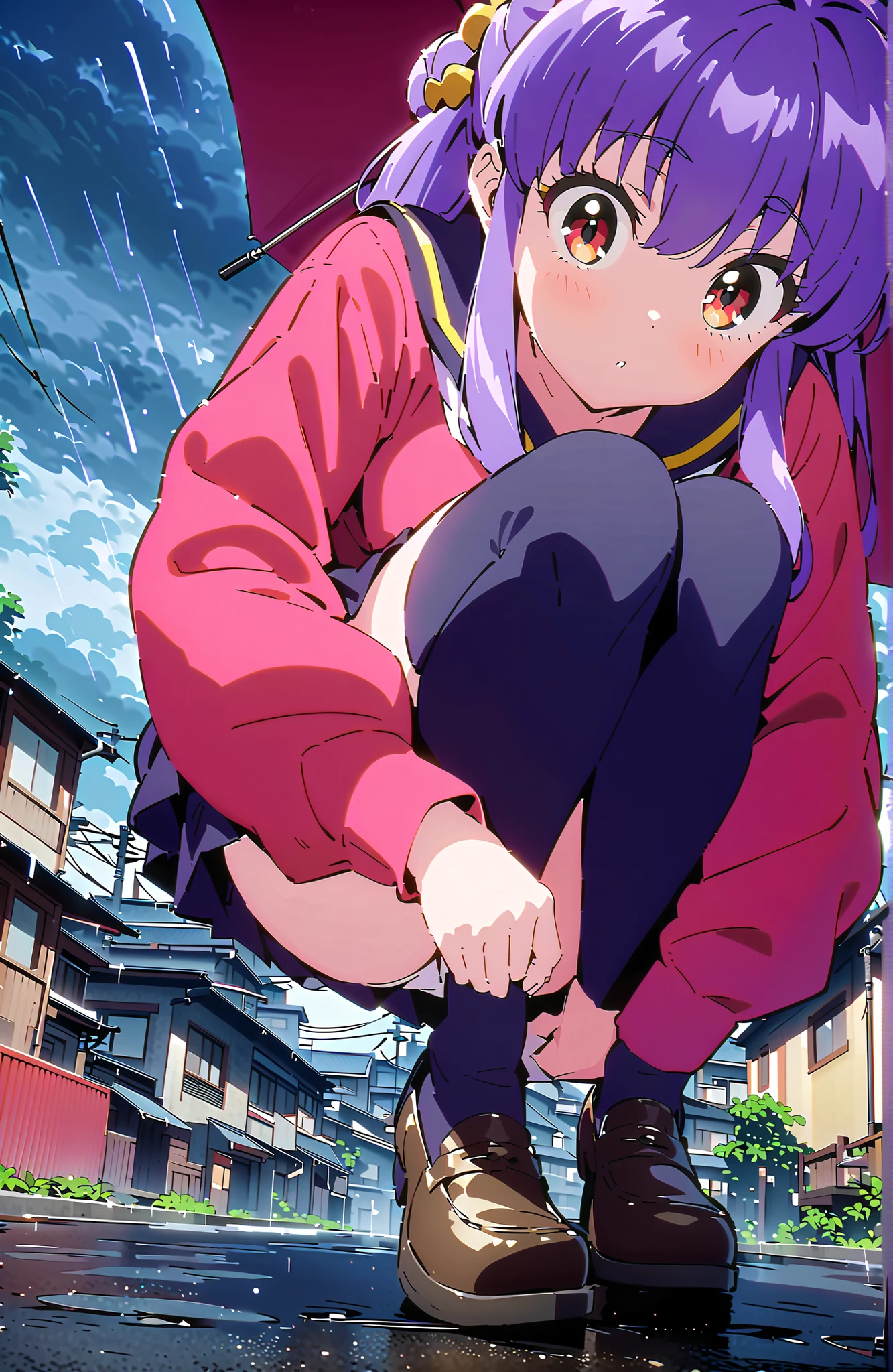 score_9, score_8_up, score_7_up, source_anime, shampoo, shampoo (Ranma 1/2), long hair, hair ornament, Red Eyes, purple hair, hair bun, double bang, Medium breast, Black Sailor Suit,long sleeve, black mini pleated skirt ,Black thigh high socks,loafers,white panties,squatting,umbrella,umbrella,umbrella,angle from below,rain,cloudy,full bodyがillustrationsに入るように,in their 40s outdoors, residential area,
in their 40s looking at viewer,full body,
in their 40s (masterpiece:1.2), best quality, high resolution, Unity 8k 壁紙, (illustrations:0.8), (beautiful detailed eyes:1.6), highly detailed face, perfect lighting on the table, extremely detailed CG, (perfect hand, perfect anatomy),