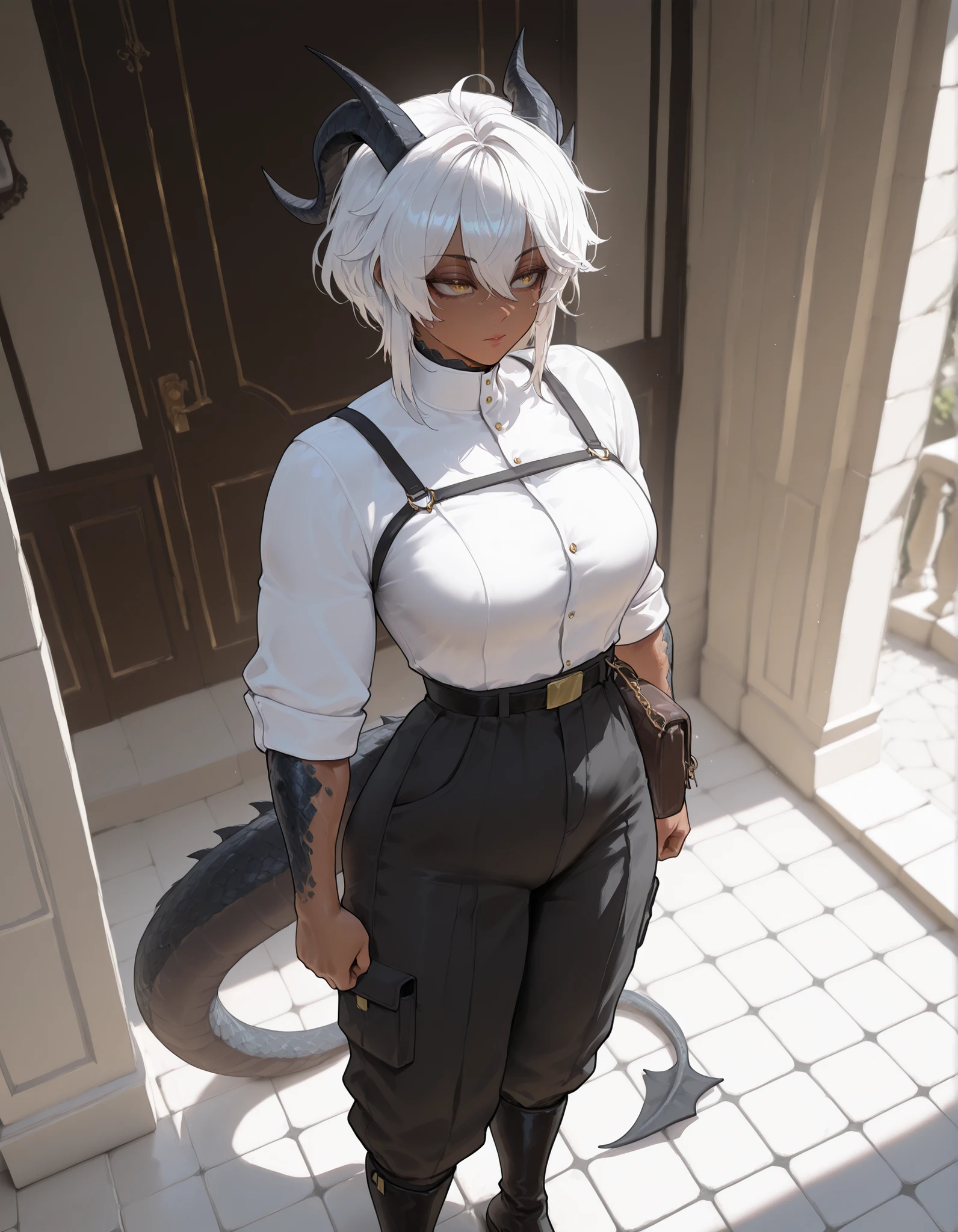 masterpiece, best quality, amazing quality, very aesthetic, absurdres, newest, scenery, extreme detail, 8k, detailed eyes, yellow eyes, athletic, scalie arms and neck, dragon horns, solo, extremely detailed scales, short spiky white hair, short hair, dark skin tone, strong musculature, (wearing baggy pants:1.3), wearing open white shirt, dark scales, strong tail, medium breasts, strong, muscular, defined muscles, curvaceous, dark pants, maid jacket, boots, proporcional toned body, wide chest, calm pose, athletic, BREAK background is simple and muted, with a gradient effect and soft, neutral tones.