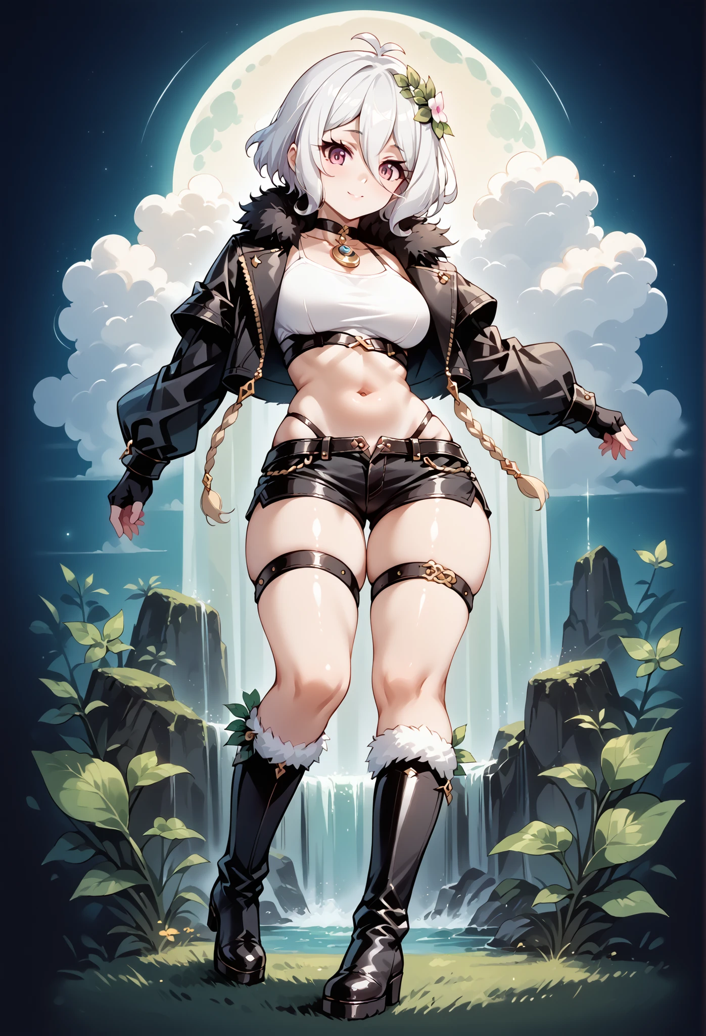 score_9, score_8_up, score_7_up, source_anime, 4K,perfect fingers,(perfect hands, perfect anatomy),prefect lighting, very aesthetic, intricate details,highly detailed background, masterpiece, high quality, best quality, high resolution,  
1 girl,solo,Kokkoro_(Princess_Connect!), White Hair, large breast,,
wearing ((choker, crop top, fur trim, black jacket, cropped jacket, midriff, navel, black gloves, fingerless gloves, black shorts, short shorts, thigh strap, fishnet socks, boots, black footwear, )) ,,
big ass, 