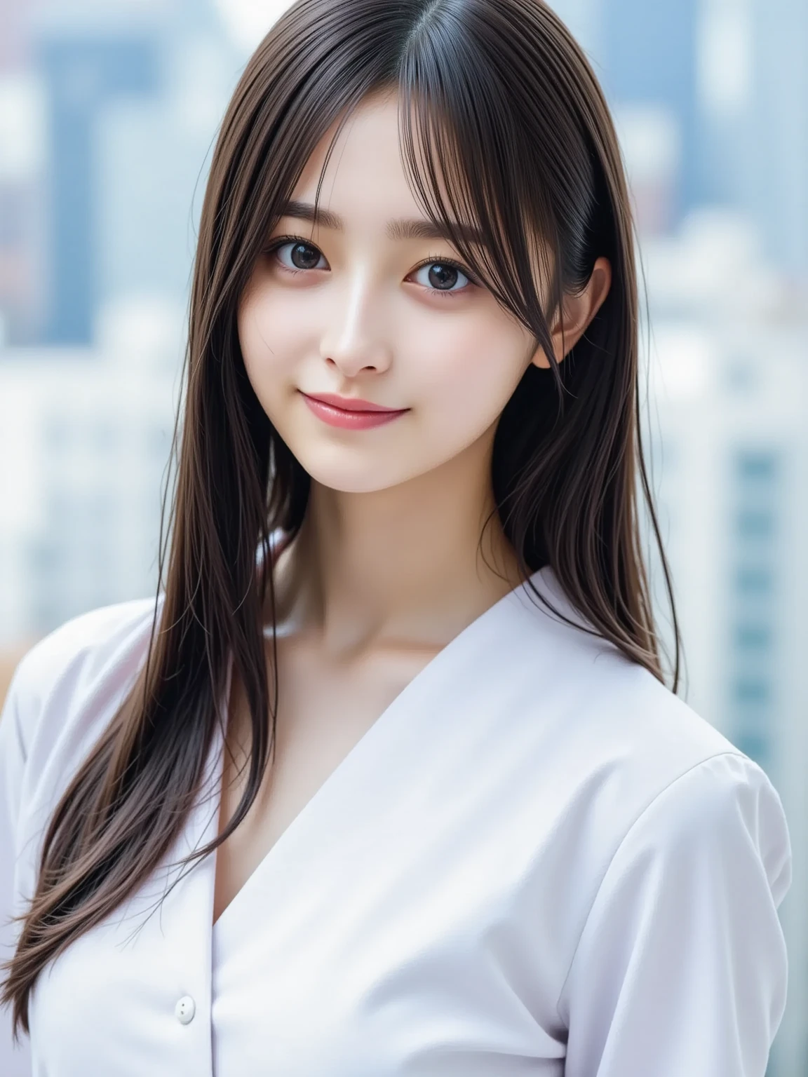 4k, (masterpiece), highest quality,  2D, ((NSFW)), (Teenage ), (unbuttoned shirt), (huge breasts), nipple, long brown hair, blue eyes, smile, full height, clear eyes, black eyelashes, (Complex), dramatic, Makoto Shinkai, Trending on CGsociety,smile