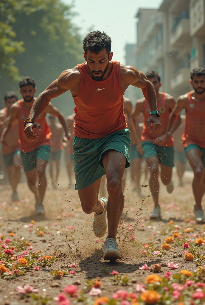 Young bearded muscular Iranian men running in olive green underwear, white socks and black sneakers, with black armbands on the left arms, within an area with trees and white walls in the background.