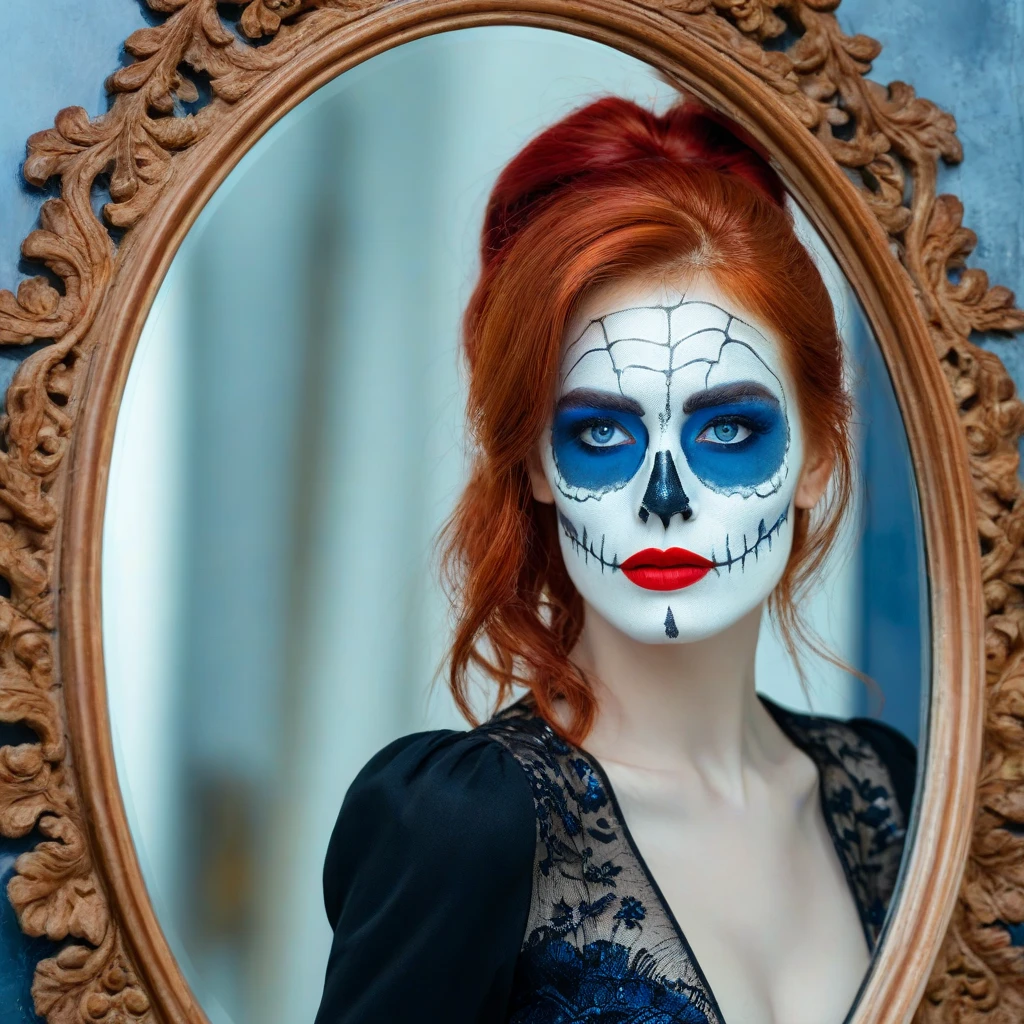 side，Beautiful girl holding photo frame in hands，There is a human skeleton in the photo frame。illustration，bright colors，Detailed specular reflection，Realistic lighting，emphasize，portrait，Surrealism，ethereal，distortion，Abstract，concept art