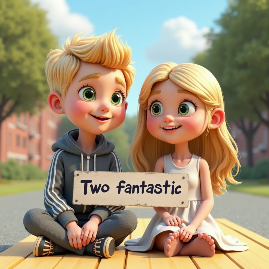 Picture a vibrant amusement park where a tall young man with dark blonde hair and a charming shorter girl with light blonde hair share laughter and excitement as they enjoy the attractions together. The scene is filled with vibrant colors and a cheerful atmosphere.