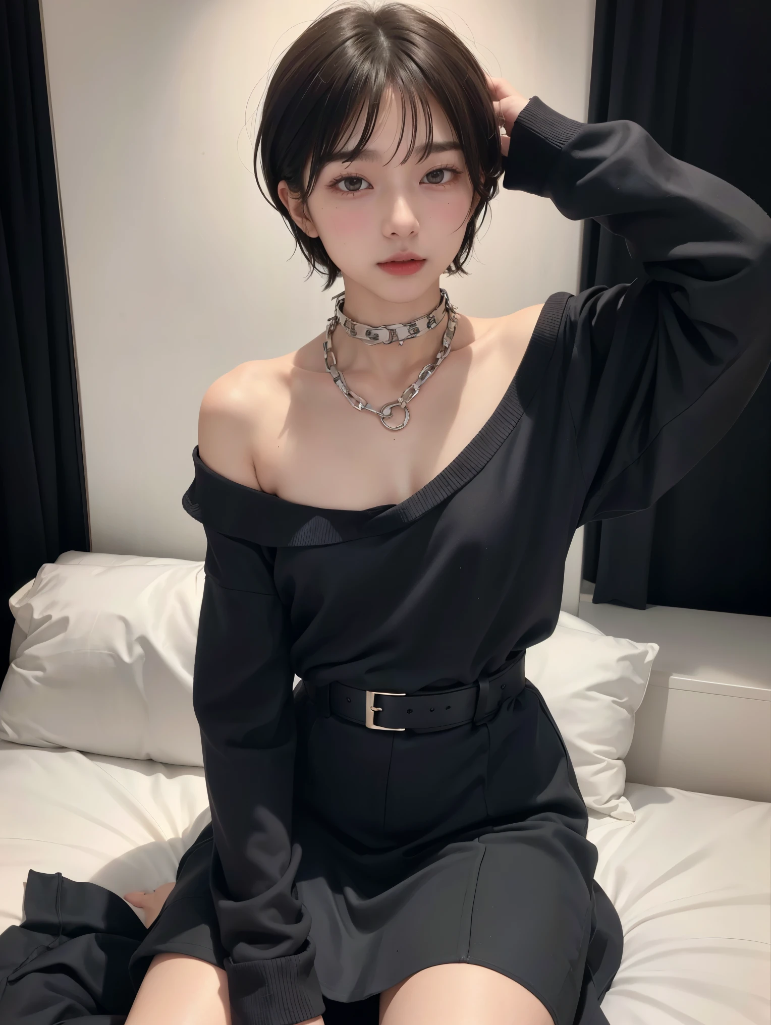 (Androgynous beautiful man:1.3)、(Bob Hair)、(best quality:1.4)、(masterpiece:1.4)、((masterpiece))、 RAW photos 、8k、((best image quality))、 ((high resolution))、brown hair、(Thick chain collar:1.3)、 black party dress、long skirt、straight hair、beautiful hair、Off Shoulder、(sexual excitement)、(sexual feelings)、Sex Appeal、bed、(Teaching beautiful boy about female sexuality)、(sex slave)、Eros、 small