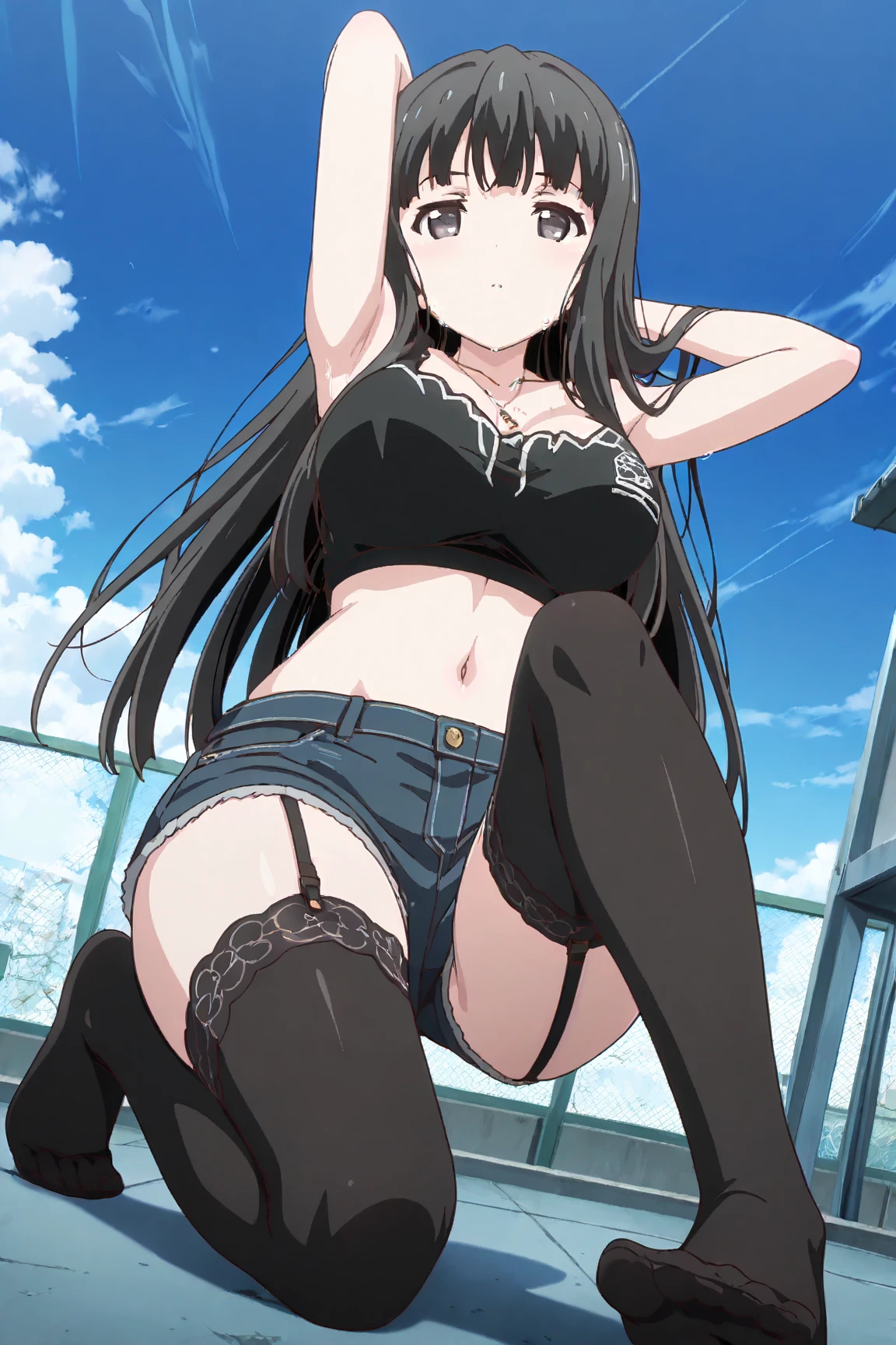 Himejima Akeno,long hair,smile,one person,full body,jean shorts,closed toe shoes,black high heels,black crop top,crossed legs,sitting,cleavage,purple eyes,legs,denim jacket