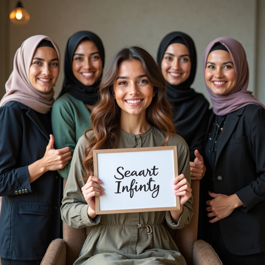 Generate an image group of girls wearing ababaya with sign board writen young enterprenures