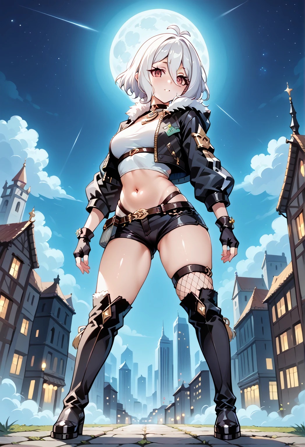1girl,(8k, RAW photo,high quality:1.1), High-definition photo,(petite),closeup Waist,crotch Focus,faint smile,Beautiful thighs,thick thighs,tender thighs,(dark skin:1.1),hot pants,Groin,(underboob:1.1),Slingshot,oily skin,long sleeves,Thigh-high socks,corset,(short torso:1.3),white short hair,short cape,Upper arms,from below,Fighting pose,Holding a sword,(sword,blade,katana:1.2),Throw the sword forward