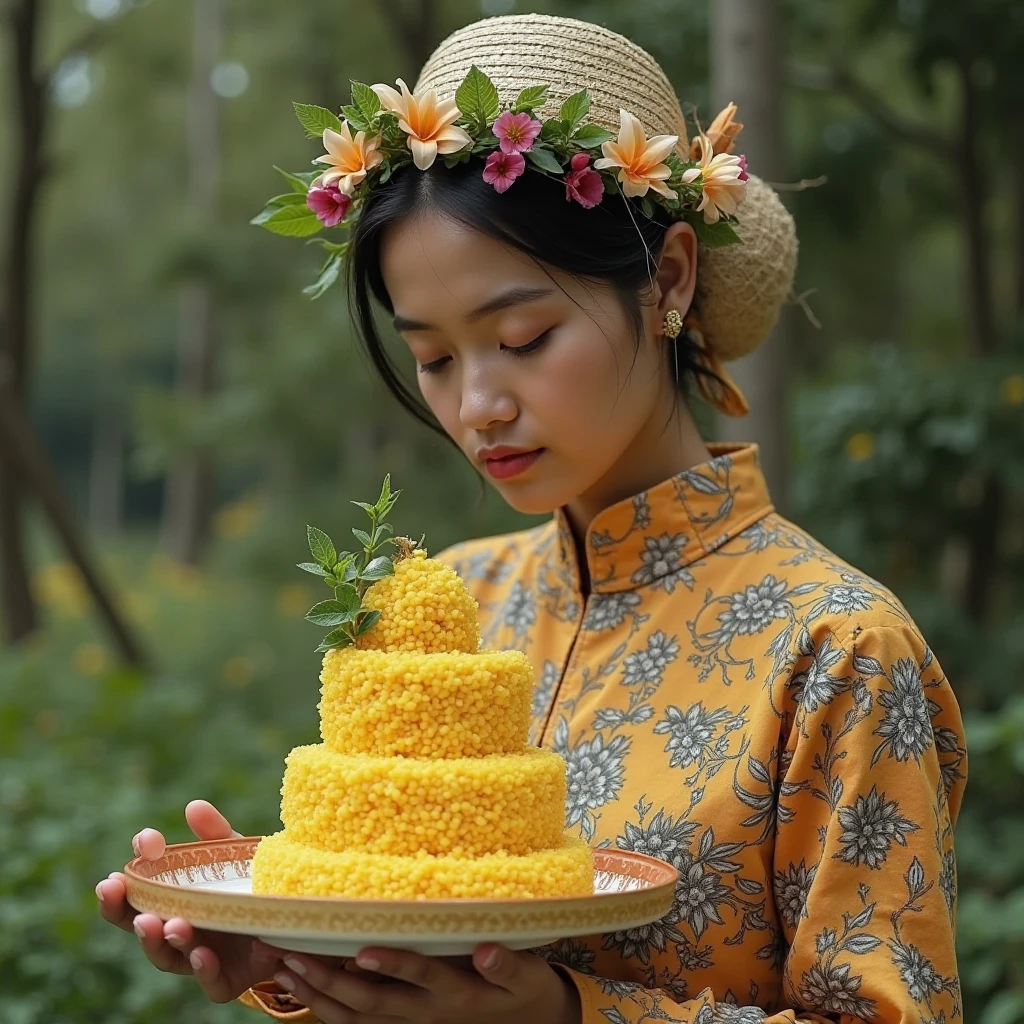 (photorealism:1.2), teenage girl wearing a baju kurung holding a basket full of nasi lemak wrapped in banana leaf with village scenery background