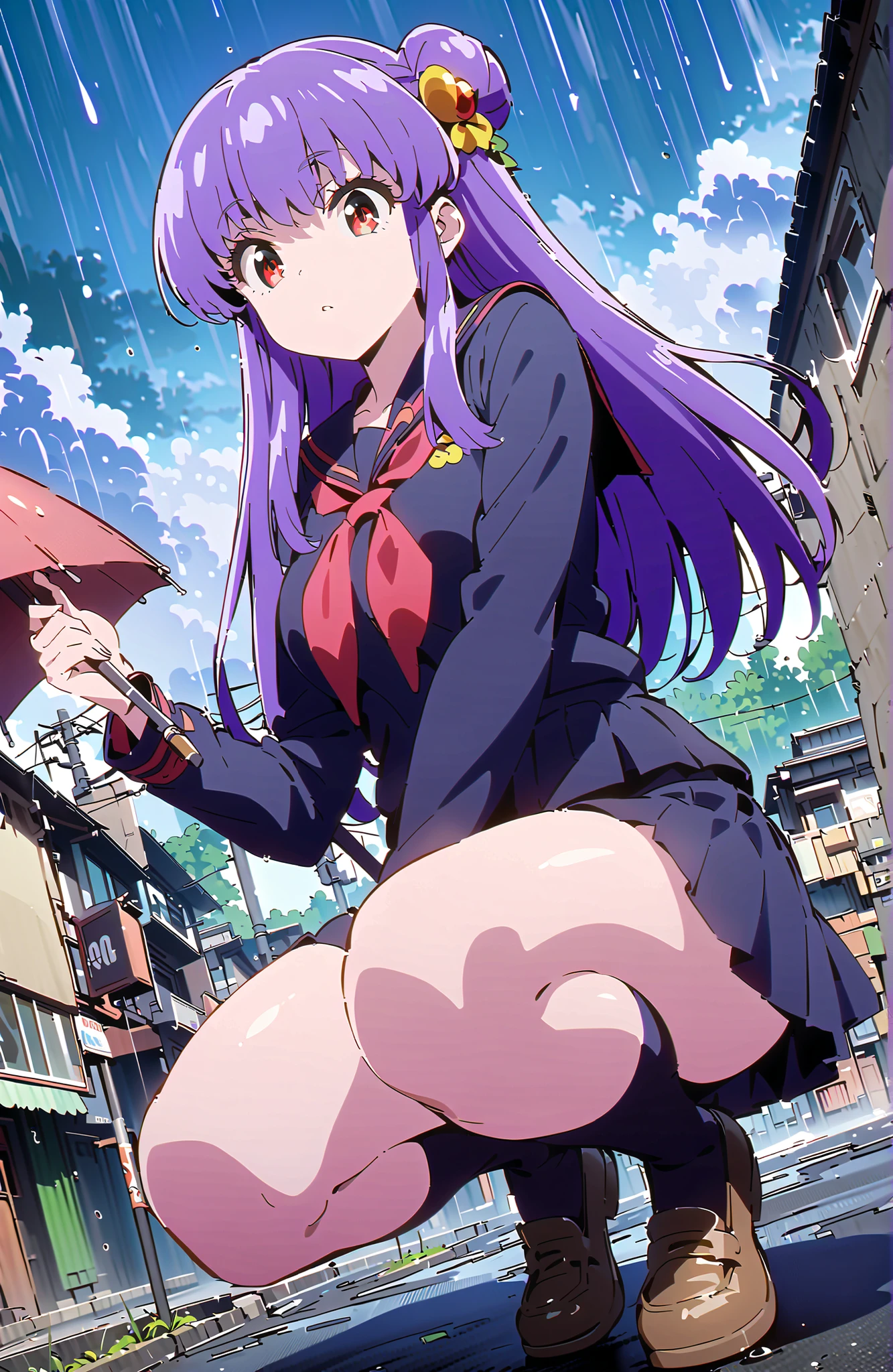 score_9, score_8_up, score_7_up, source_anime, shampoo, shampoo (Ranma 1/2), long hair, hair ornament, Red Eyes, purple hair, hair bun, double bang, Medium breast, Black Sailor Suit,long sleeve, black mini pleated skirt ,Black thigh high socks,loafers,white panties,squatting,umbrella,umbrella,umbrella,angle from below,rain,cloudy,full bodyがillustrationsに入るように,in their 40s outdoors, residential area,
in their 40s looking at viewer,full body,
in their 40s (masterpiece:1.2), best quality, high resolution, Unity 8k 壁紙, (illustrations:0.8), (beautiful detailed eyes:1.6), highly detailed face, perfect lighting on the table, extremely detailed CG, (perfect hand, perfect anatomy),
