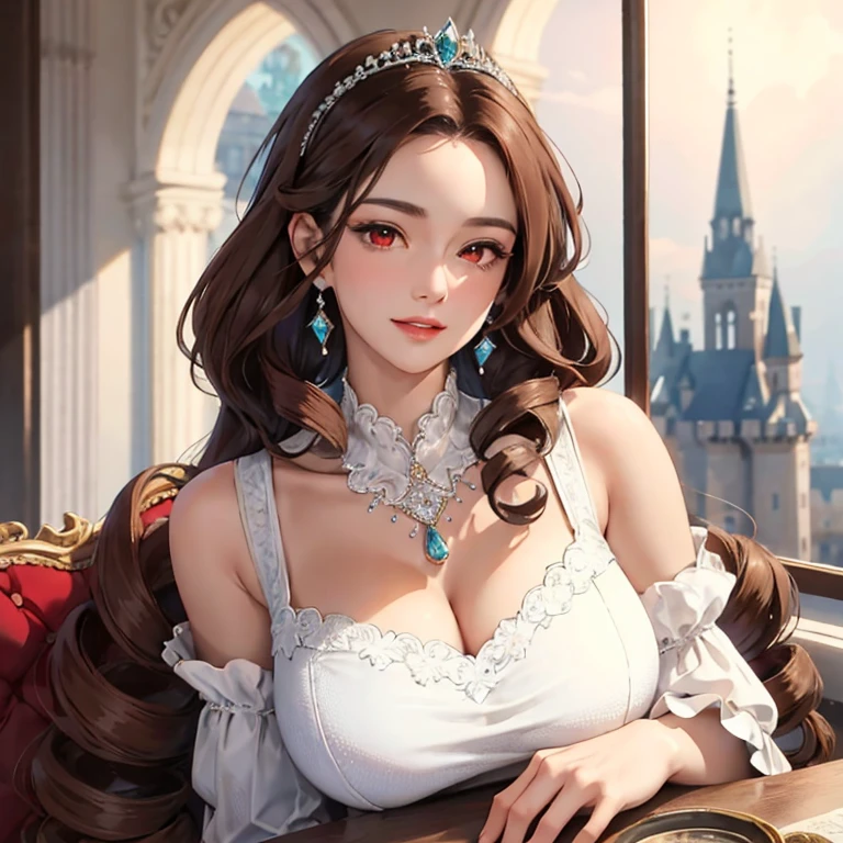 1lady, solo, mature female, long brown hair, parted bangs, brown eyes, (masterpiece, best quality:1.2) delicate illustration, ultra-detailed, kind smile, blush, (huge breasts), cleavage, upper body, necklace, ((elegant dress)), bare arms, castle behind, sunny day