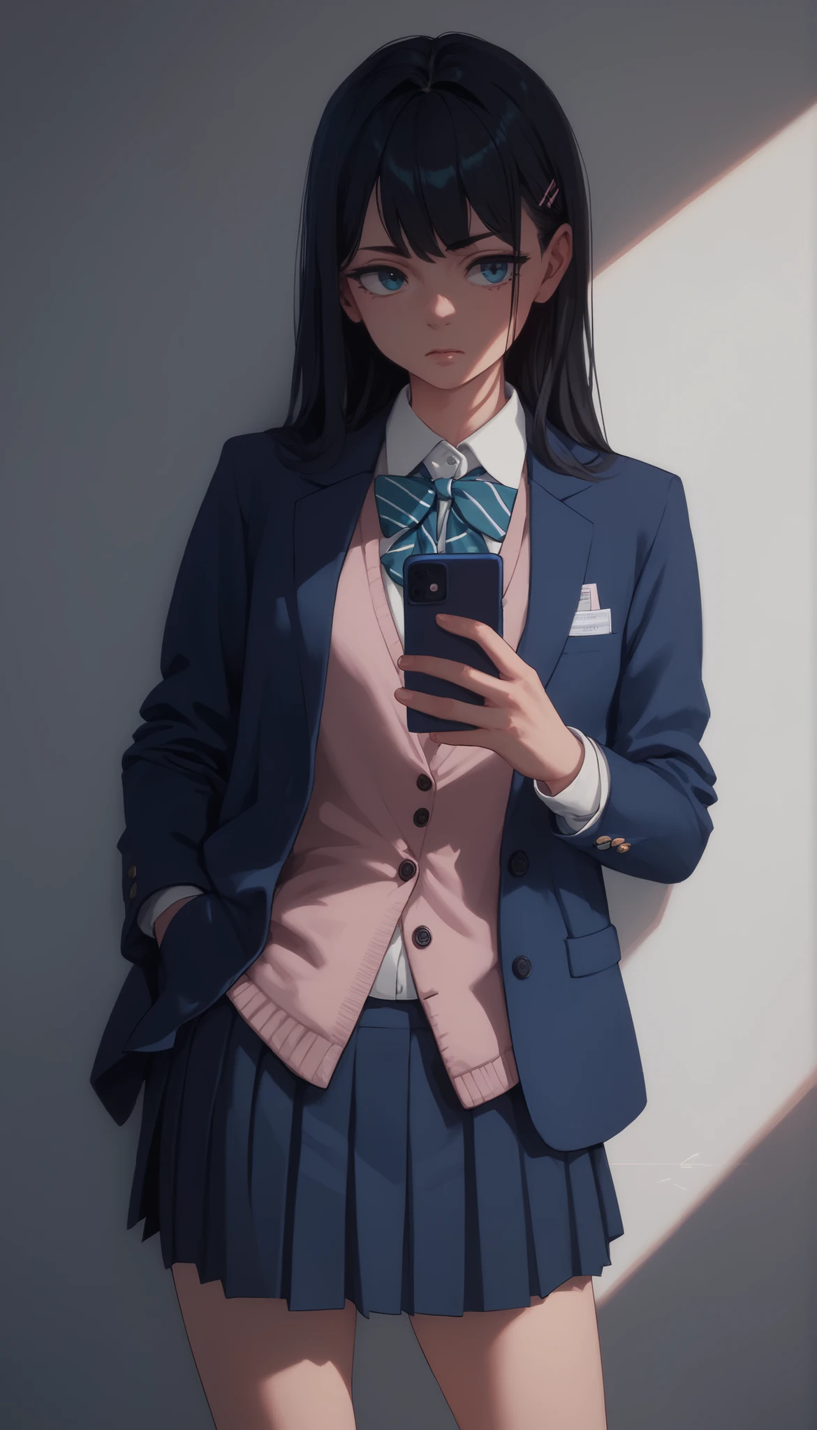 long black hair bungs high school girl Navy Blue Blazer light pink underwear slightly visible from my pleated skirt Hands in blazer pockets、Looking at my smartphone with one hand
