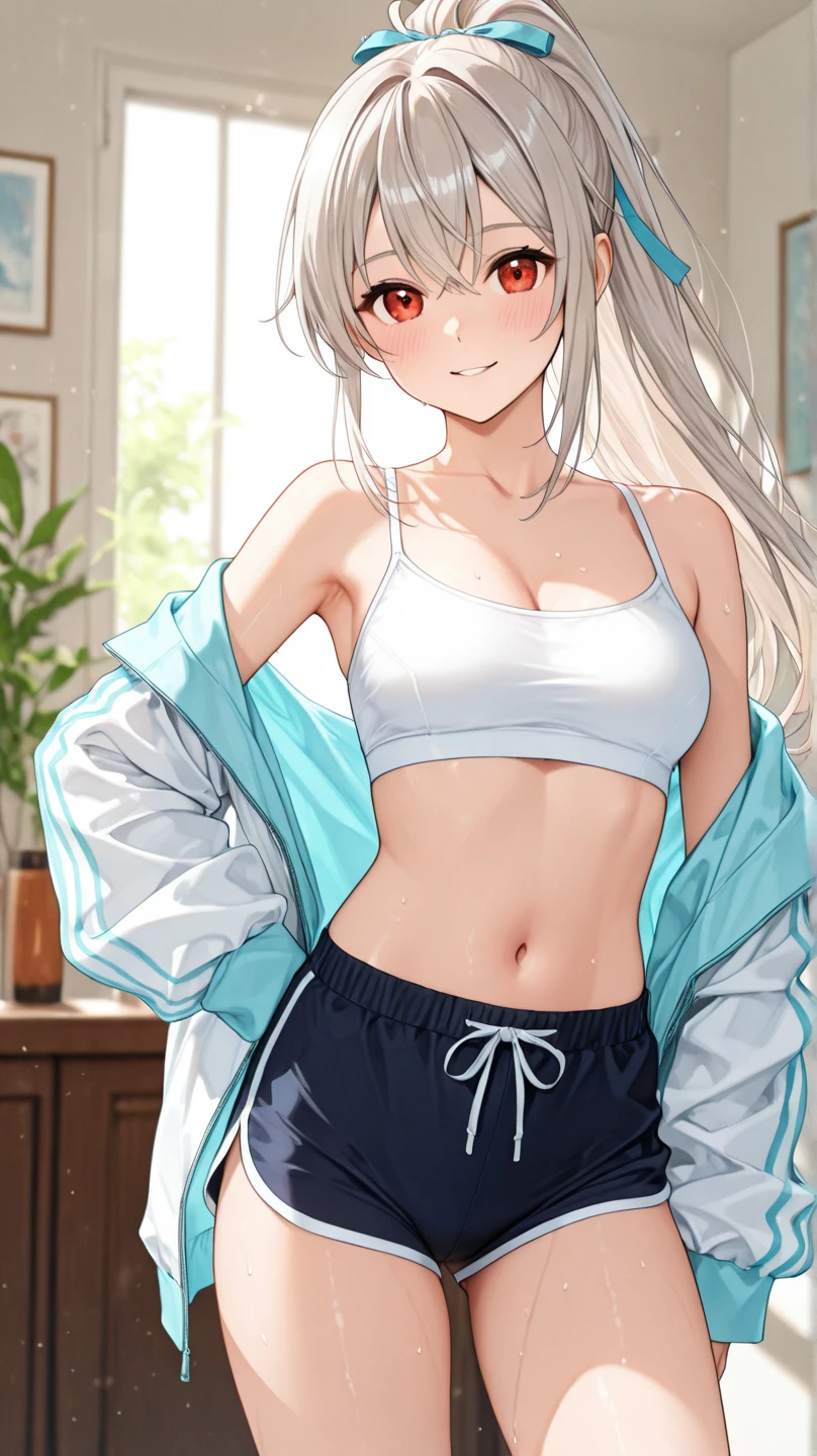 (((masterpiece))), ShizukaMikazuki, One Girl, alone, Looking at the camera, Long Hair, Gray Hair, Long sleeve, Cleavage, Large Breasts, well-endowed,Mature Body,clavicle, Jacket, Open clothes, open Jacket, blue hoodie, Black sports bra,Black hot pants, choker with a charm,Play sports often, Abdominal muscles,bicycle,Clear light blue eyes, Blushing,Navy blue ribbon,smile,Earrings,Golden navel piercing,Park at dusk, 
